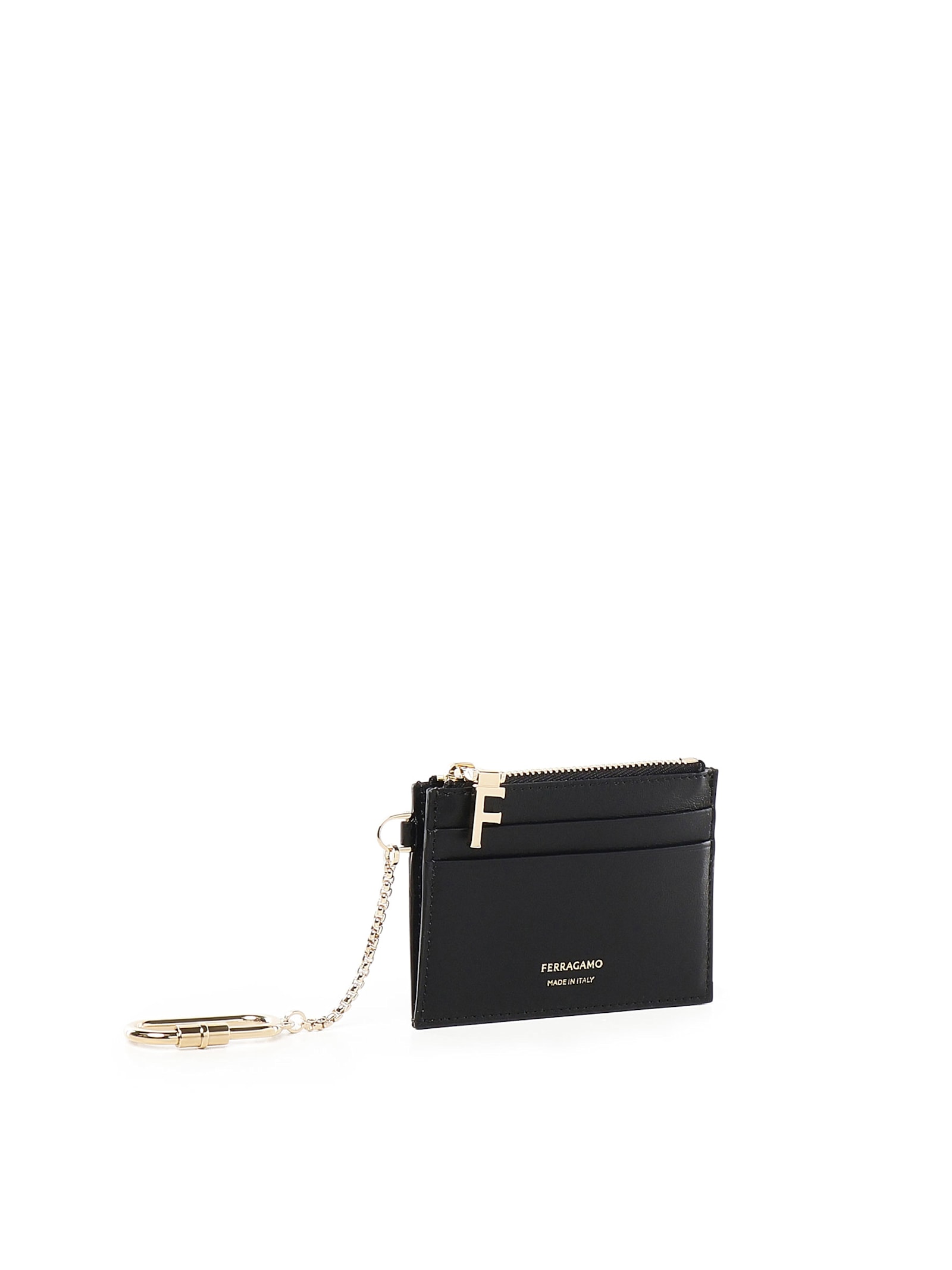 Ferragamo Hot Stamp Zip Leather Card Holder In Black