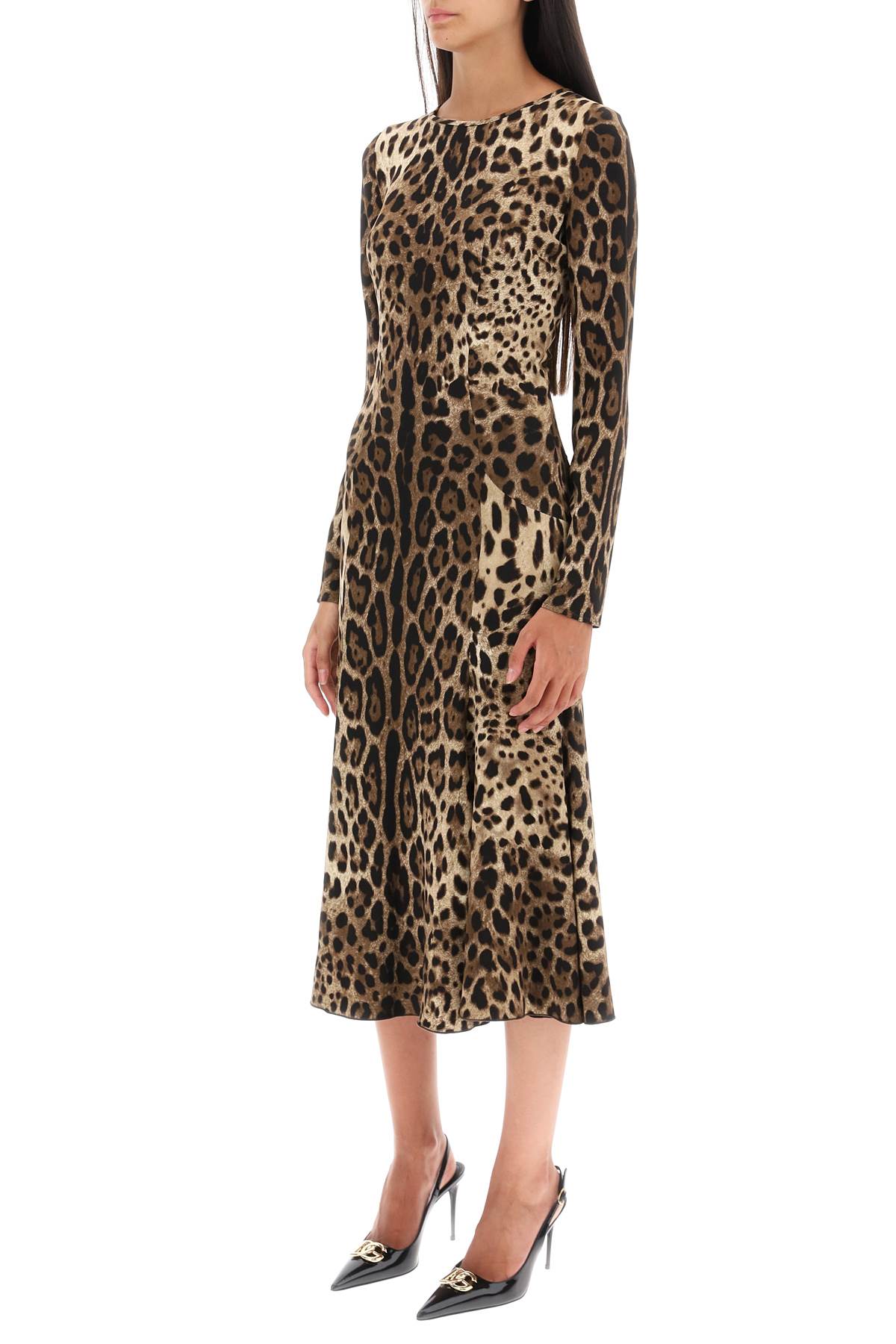 Shop Dolce & Gabbana Midi Dress In Leopard Cady In Marrone