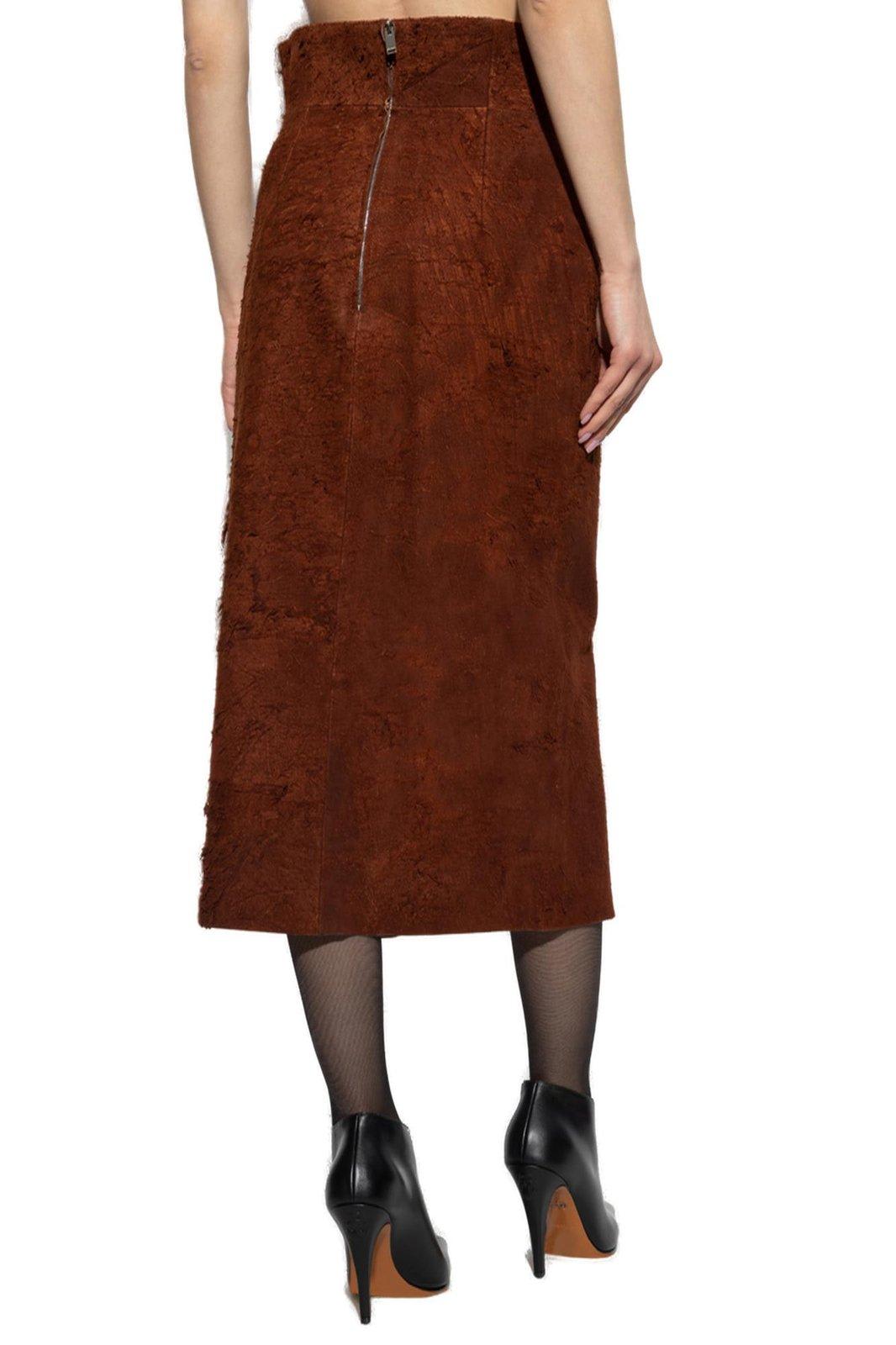 Alexander Mcqueen Womens Brown Brushed-suede Split Leather Midi Skirt In Brown