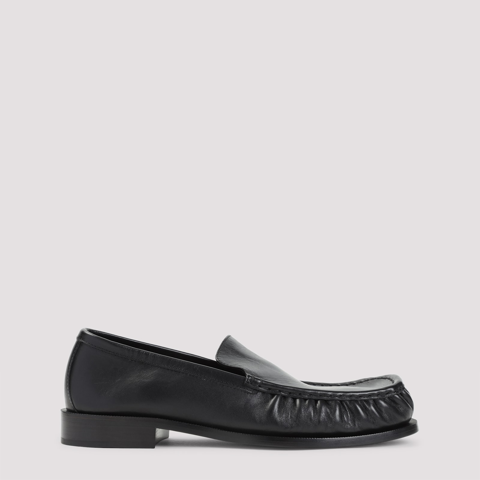Dries Van Noten Squared Toe Black Leather Loafers With Embossed Stitching In Black