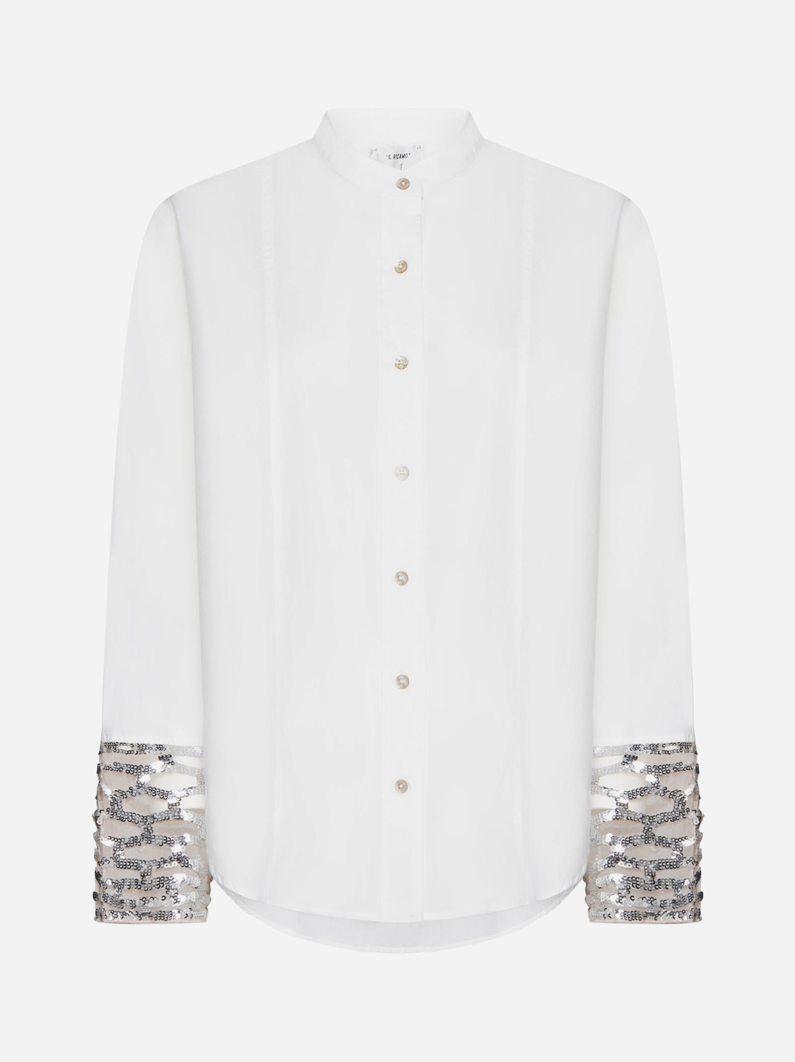 Shop Forte Forte Sequins Mesh Cuffs Cotton Shirt In White