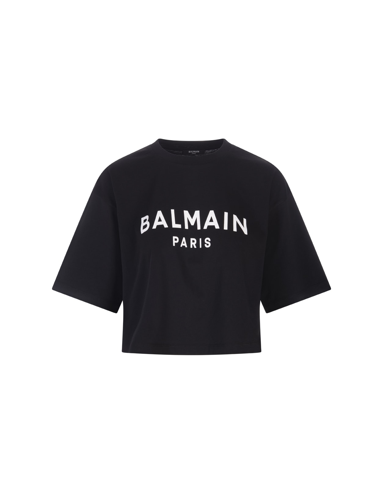 Balmain Woman Black Crop T-shirt With White Logo