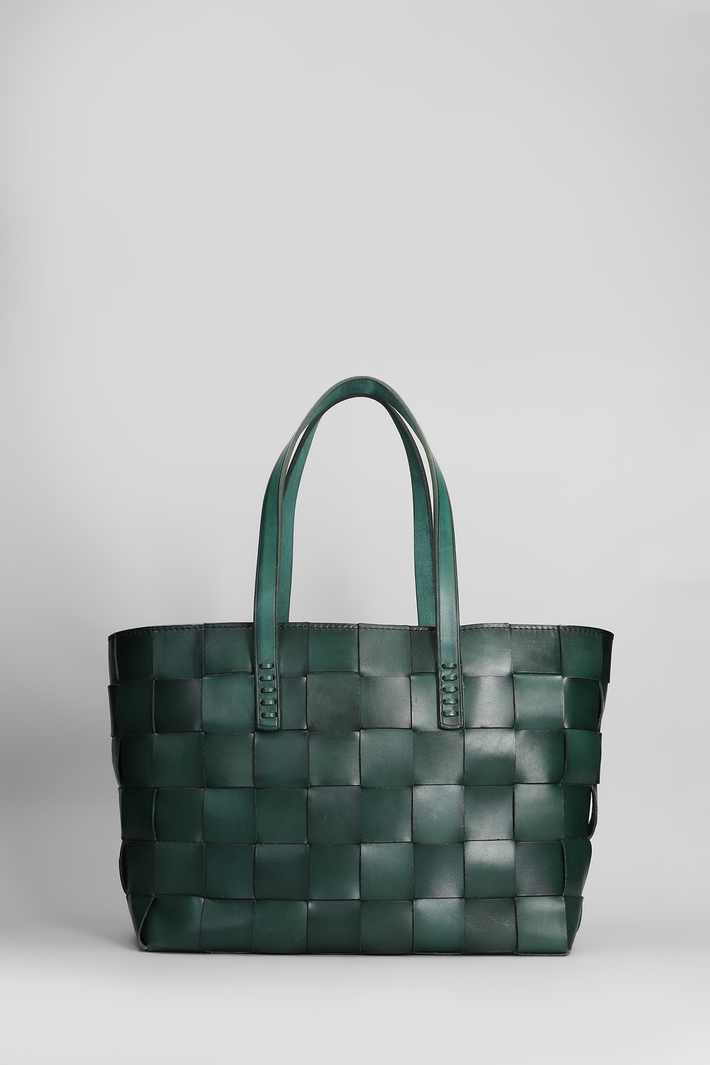 Box Weave Basket Tote In Green Leather