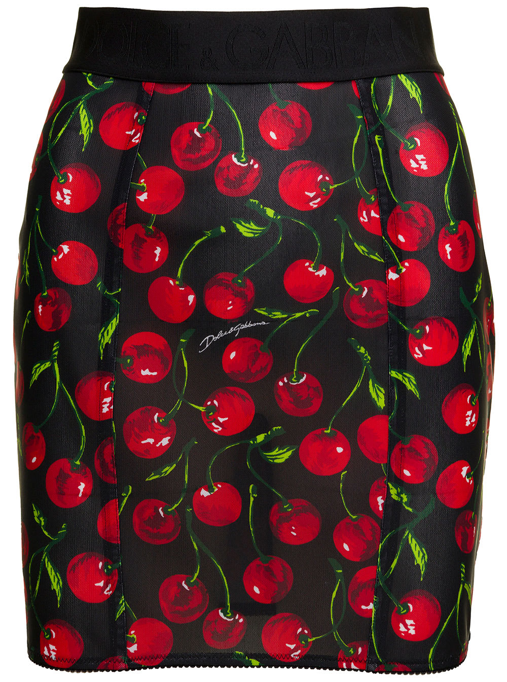 DOLCE & GABBANA BLACK MINI-SKIRT WITH ALL-OVER CHERRY PRINT IN STRETCH POLYAMIDE WOMAN