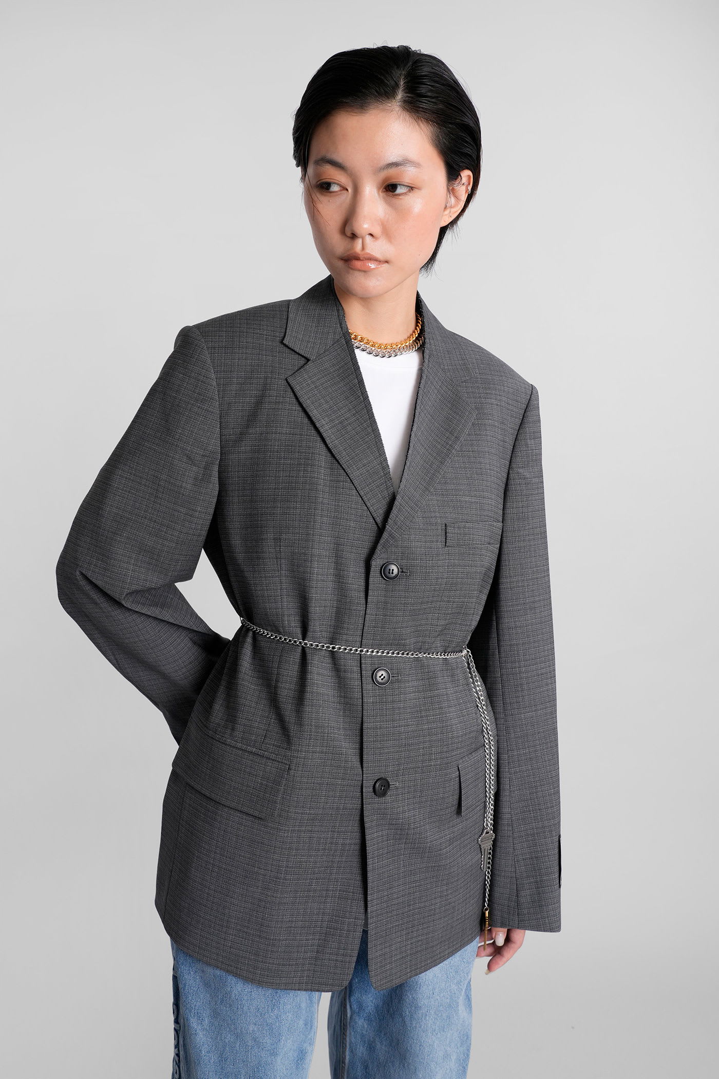 Alexander Wang Tailored Blazer With Chain Belt And Check Pattern In Gray