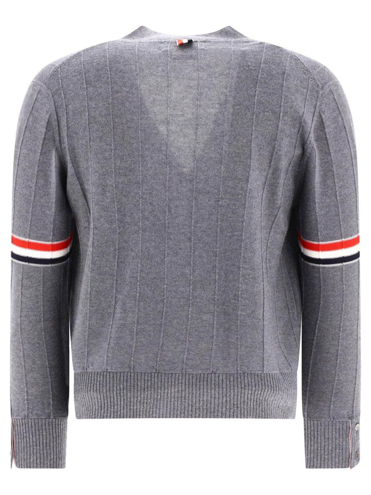 Shop Thom Browne Stripped Buttoned Cardigan In Med Grey