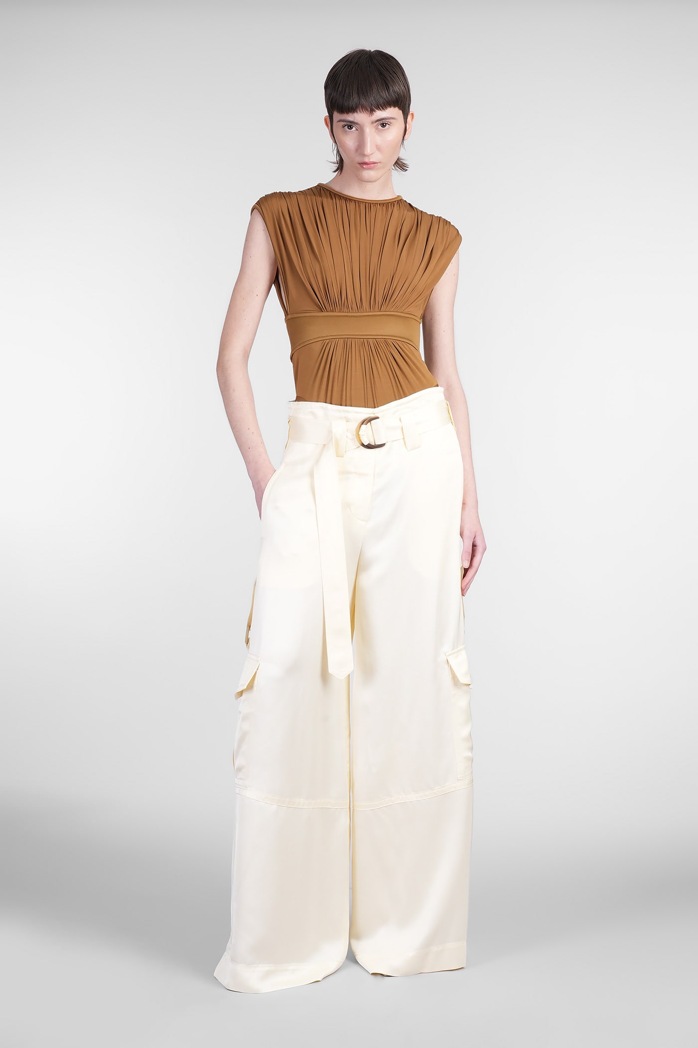 Zimmermann Silk Jersey Bodysuit With Gathered Detailing In Kha Khaki