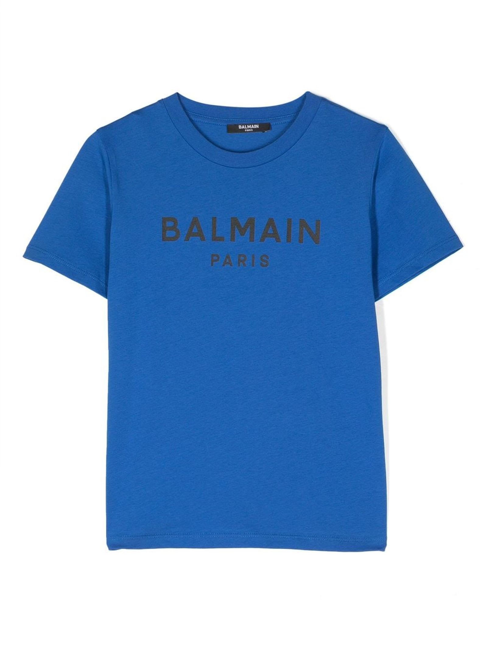 BALMAIN BLUE COTTON T-SHIRT