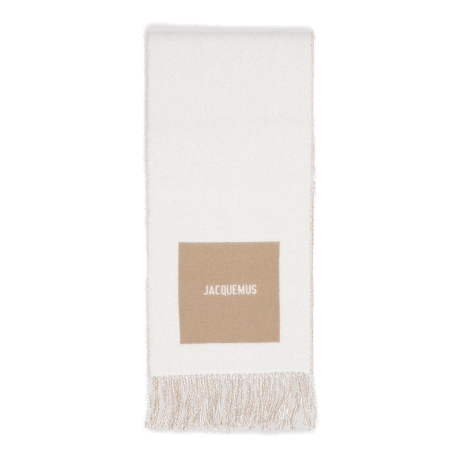 Shop Jacquemus Logo Detailed Fringed Scarf In Beige