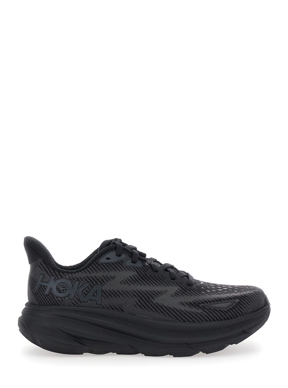 clifton 9 Black Sneakers With Zig Zag Embroidery And Side Logo Print In Rubber Unisex