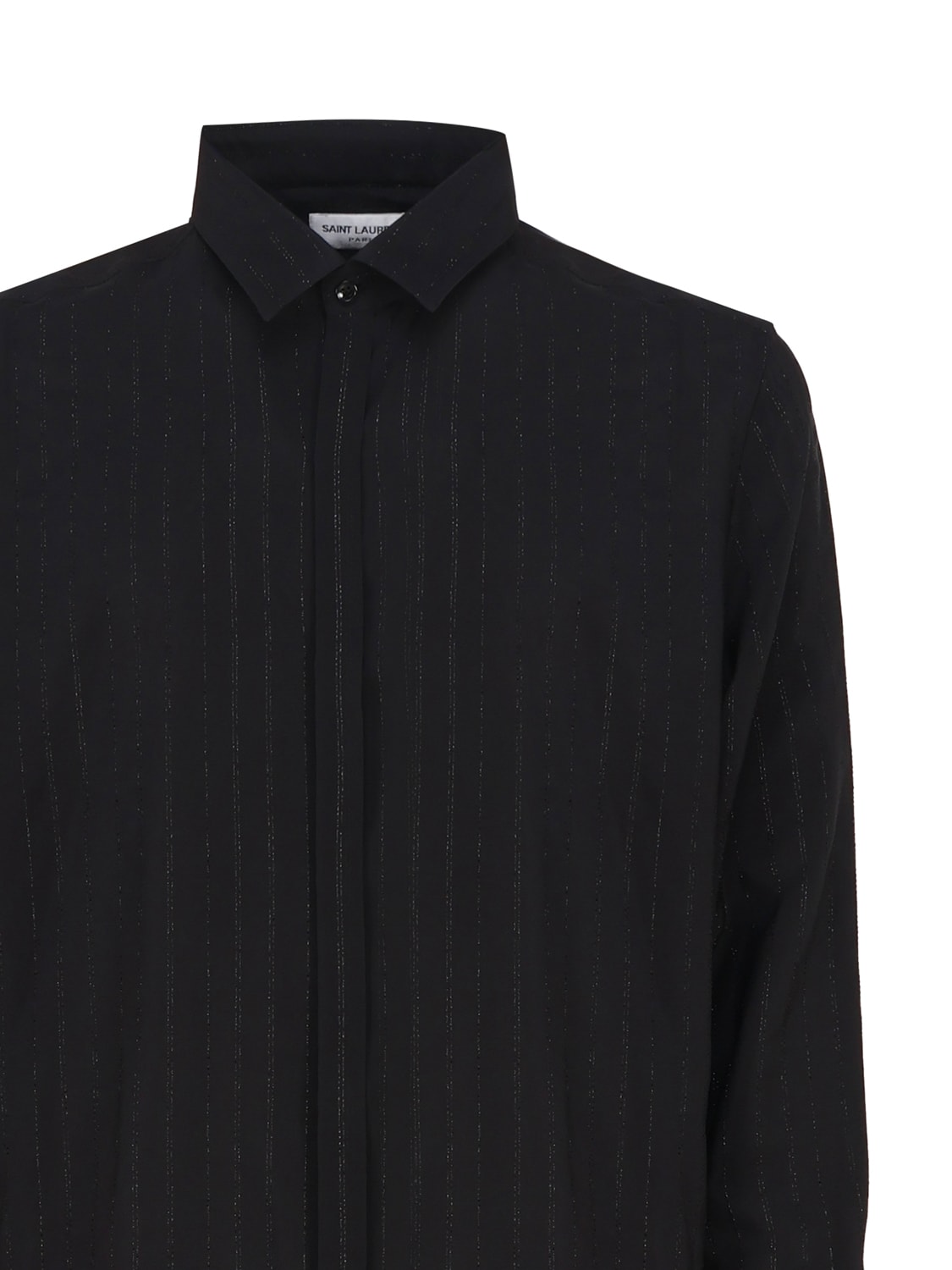 Saint Laurent Ysl Pinstriped Silk Shirt In Black