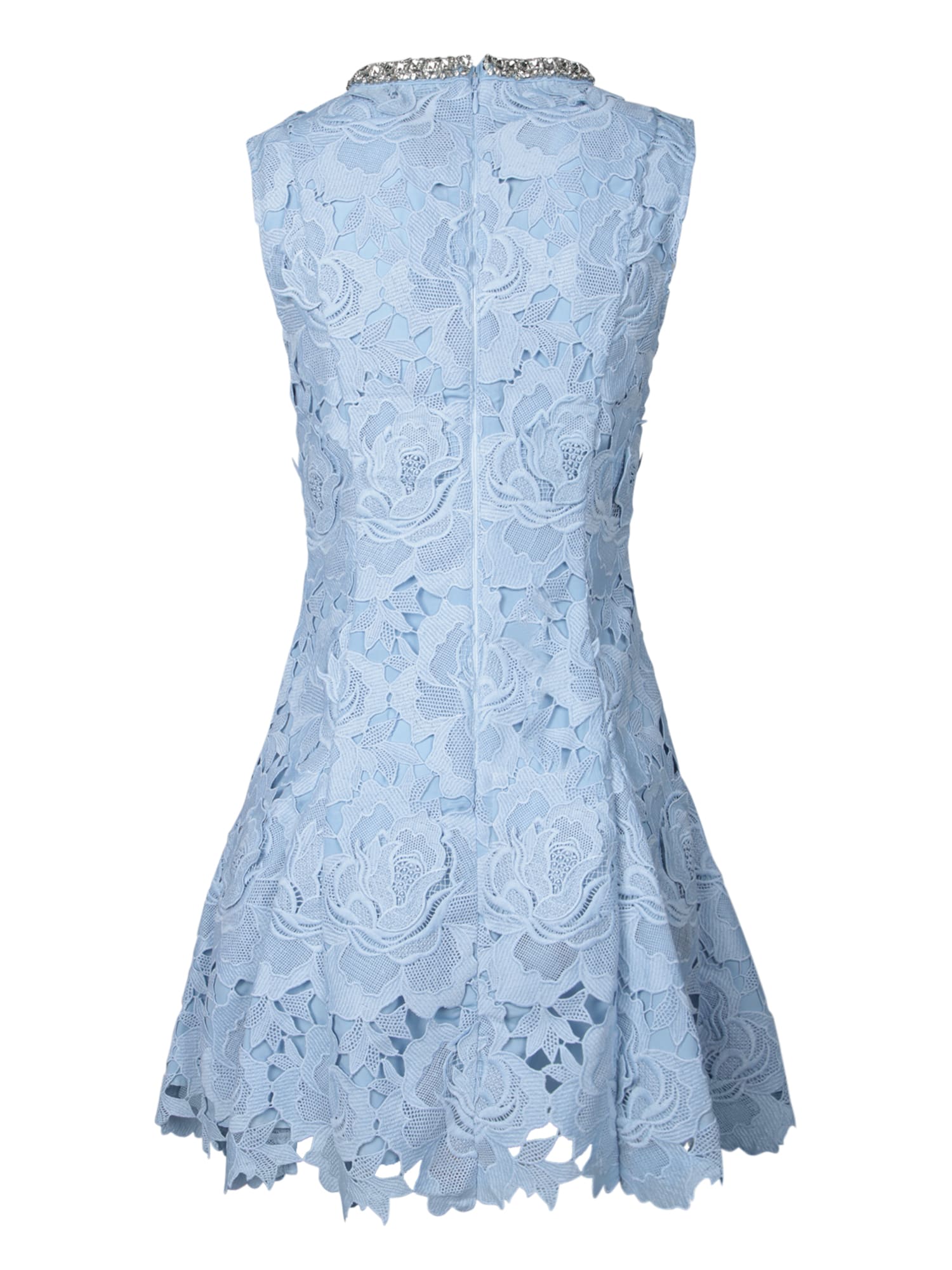 Self-portrait Bue Crewneck Mini Dress With Rhinestoned Collar And All-over Floral Lace Embroidery In Tech Fabric W In Blue