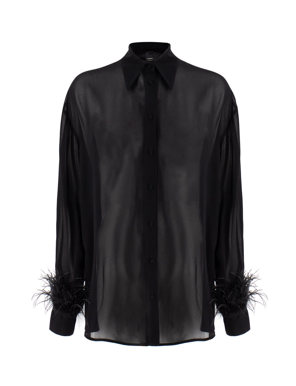 Pinko Black Viscose Georgette Blouse With Feather-trimmed Cuffs In Nero Limousine