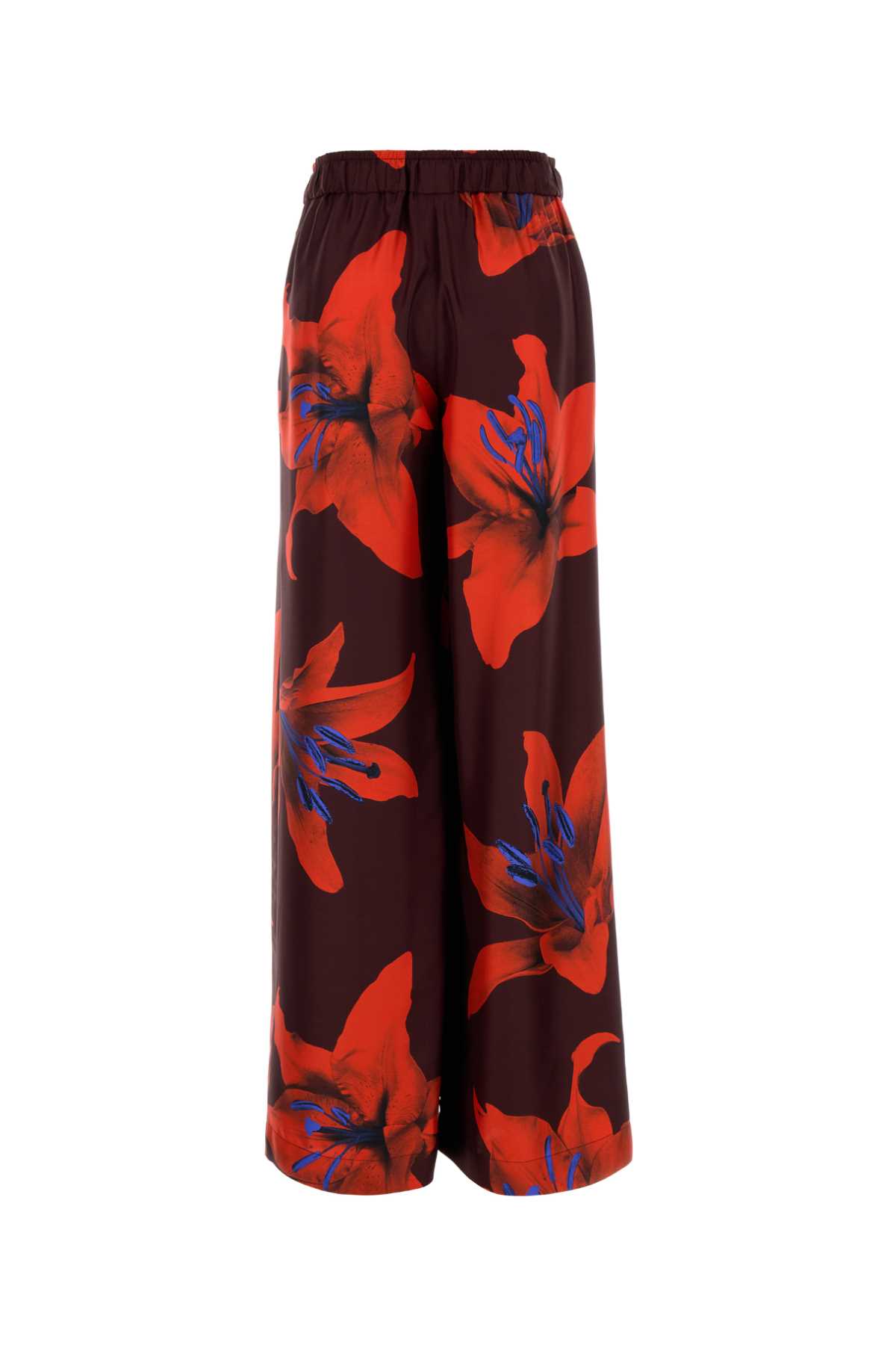 Alexander Mcqueen Wide-leg Silk Twill Trousers With Flame Lily Print In Burgundy-firered