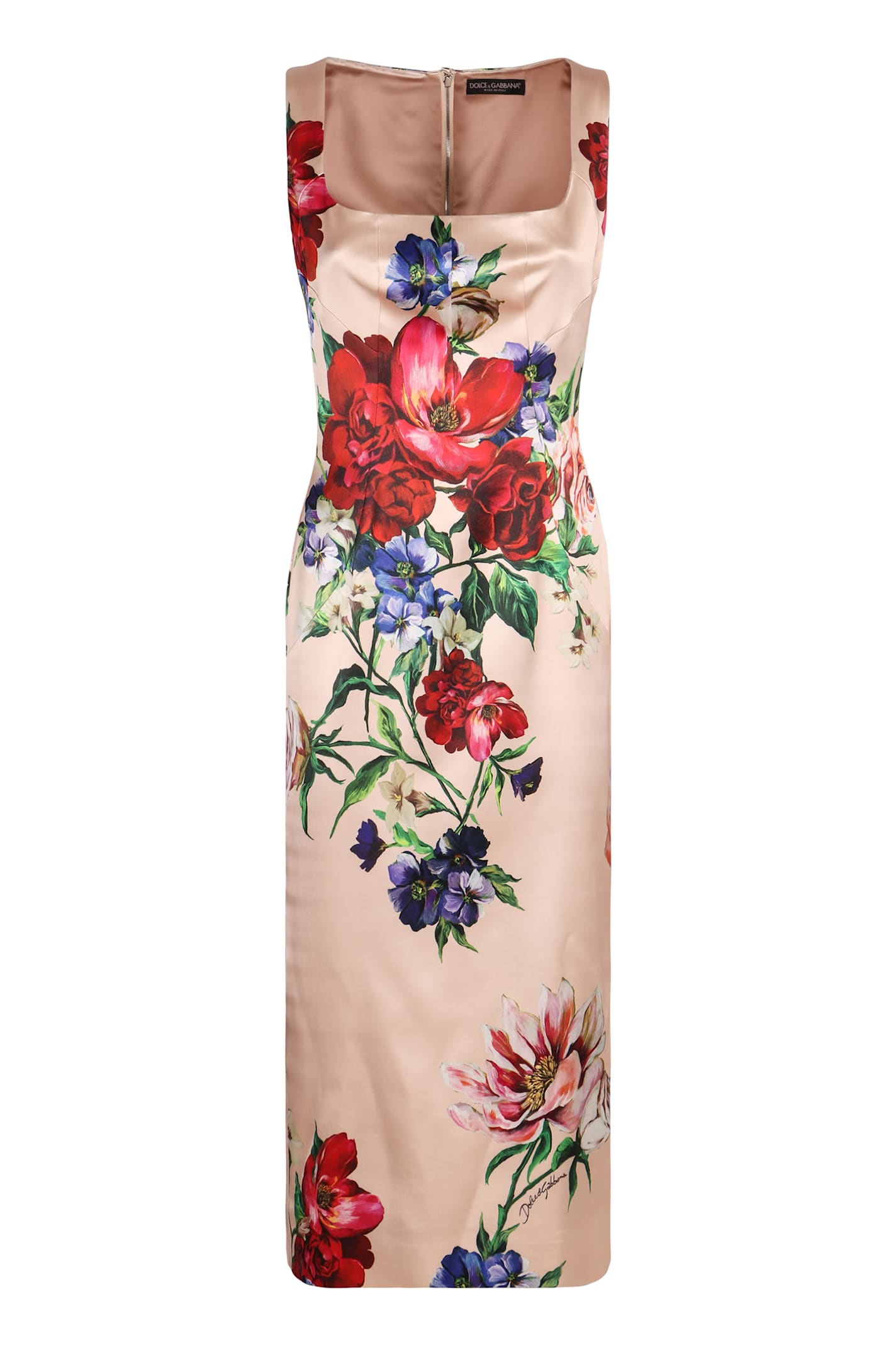 Dolce & Gabbana Satin Calf-length Sheath Dress With Floral Print In Black