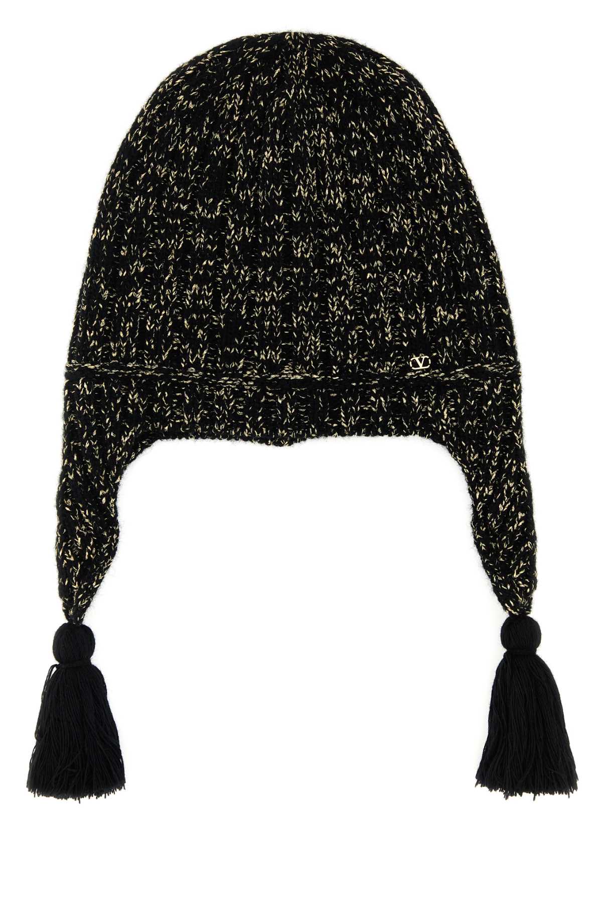 Valentino Wool Blend Beanie With Knit Texture And Tassel Embellishments In Black