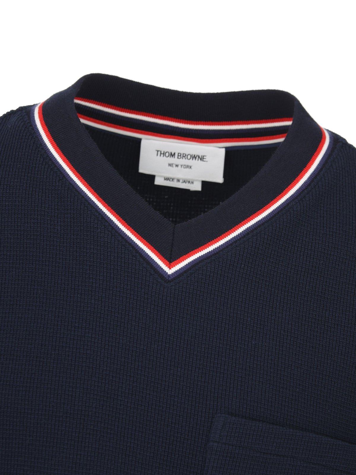 Shop Thom Browne Logo-patch Rwb-trim Knitted Vest In Blue