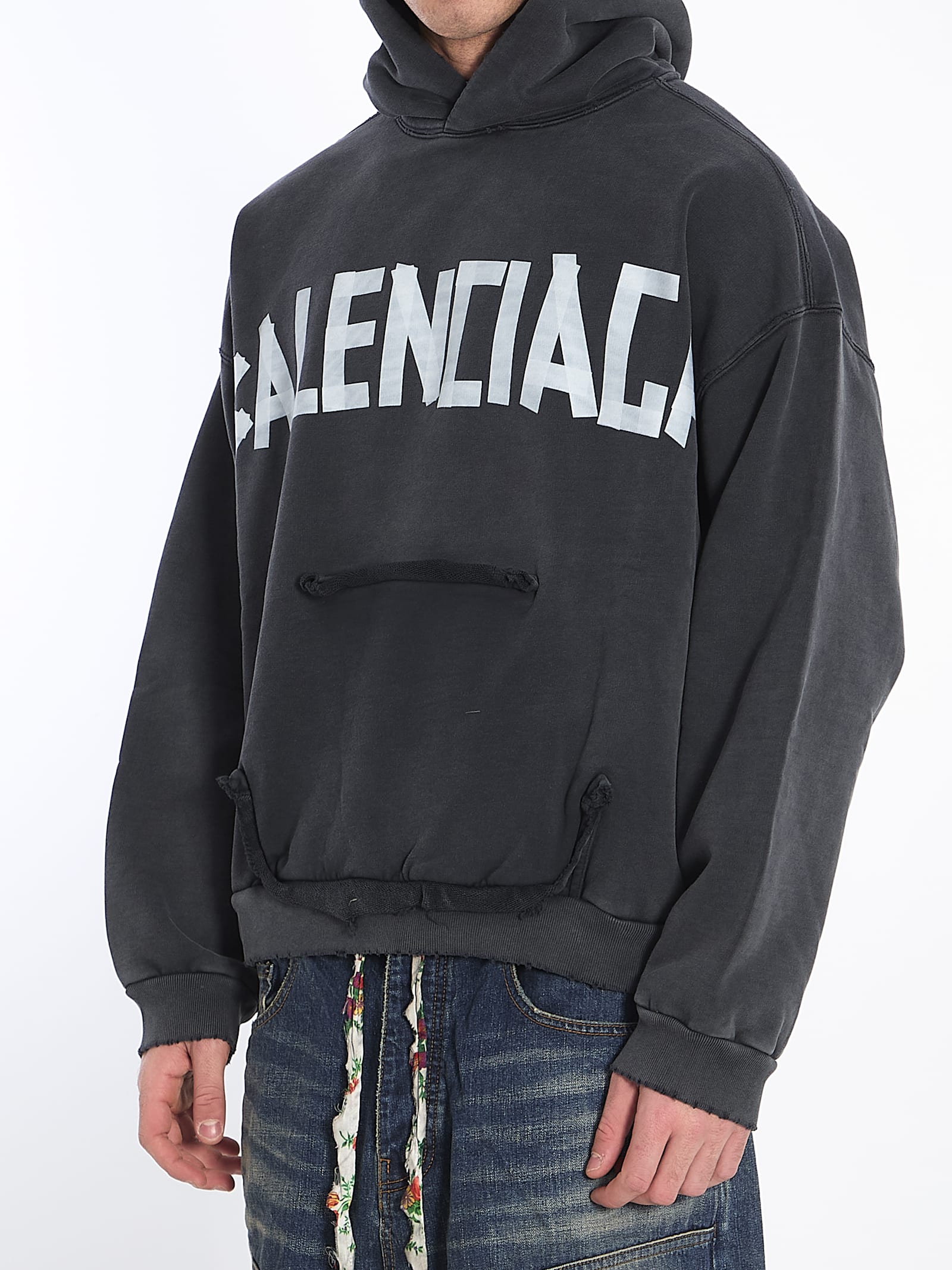 Balenciaga Black Hoodie With Logo Lettering On The Front And Logo Print On The Back In Cotton Man In Grey
