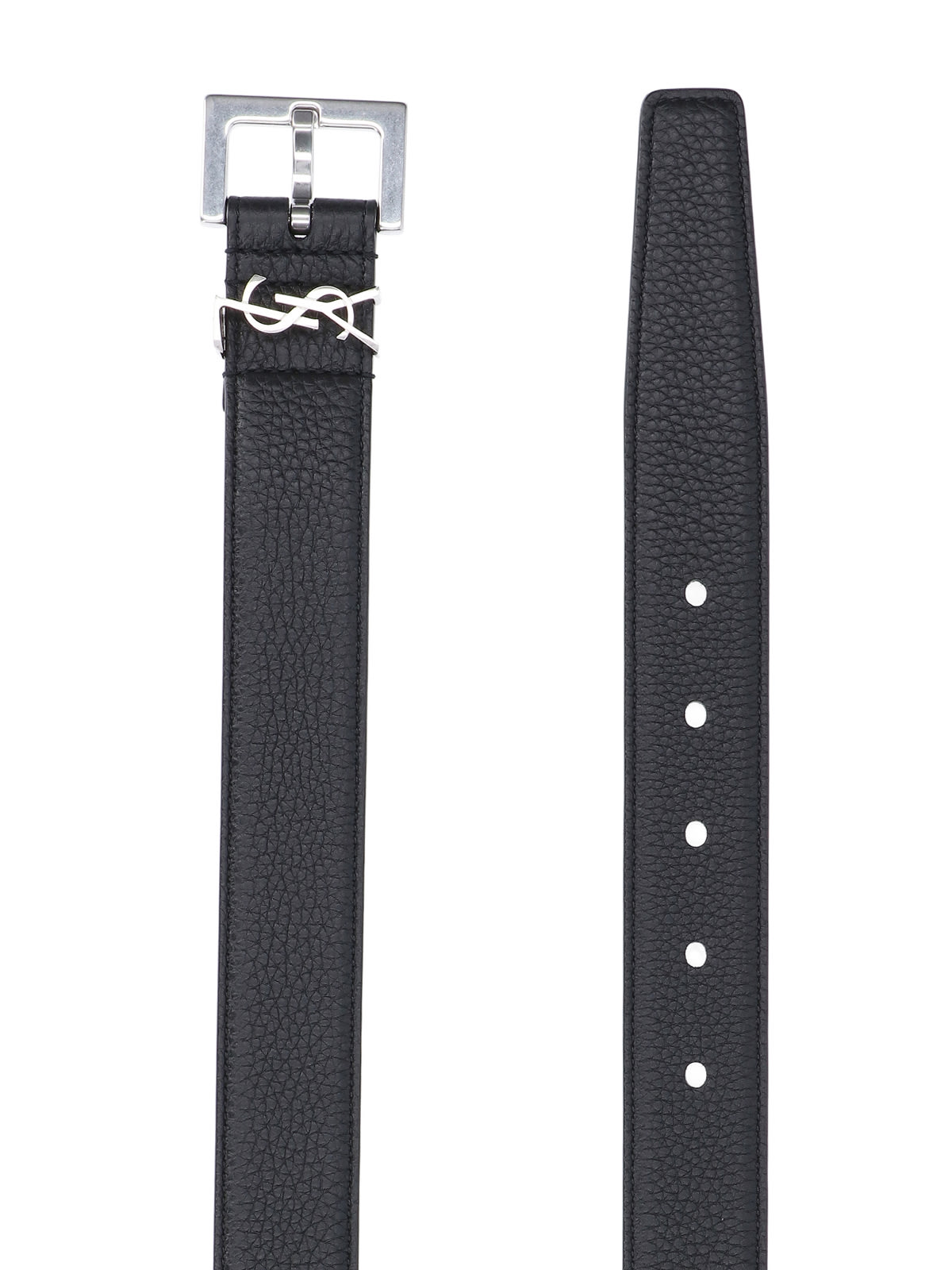Saint Laurent Grained Leather Cassandre Thin Belt With Square Buckle Accessories In Black