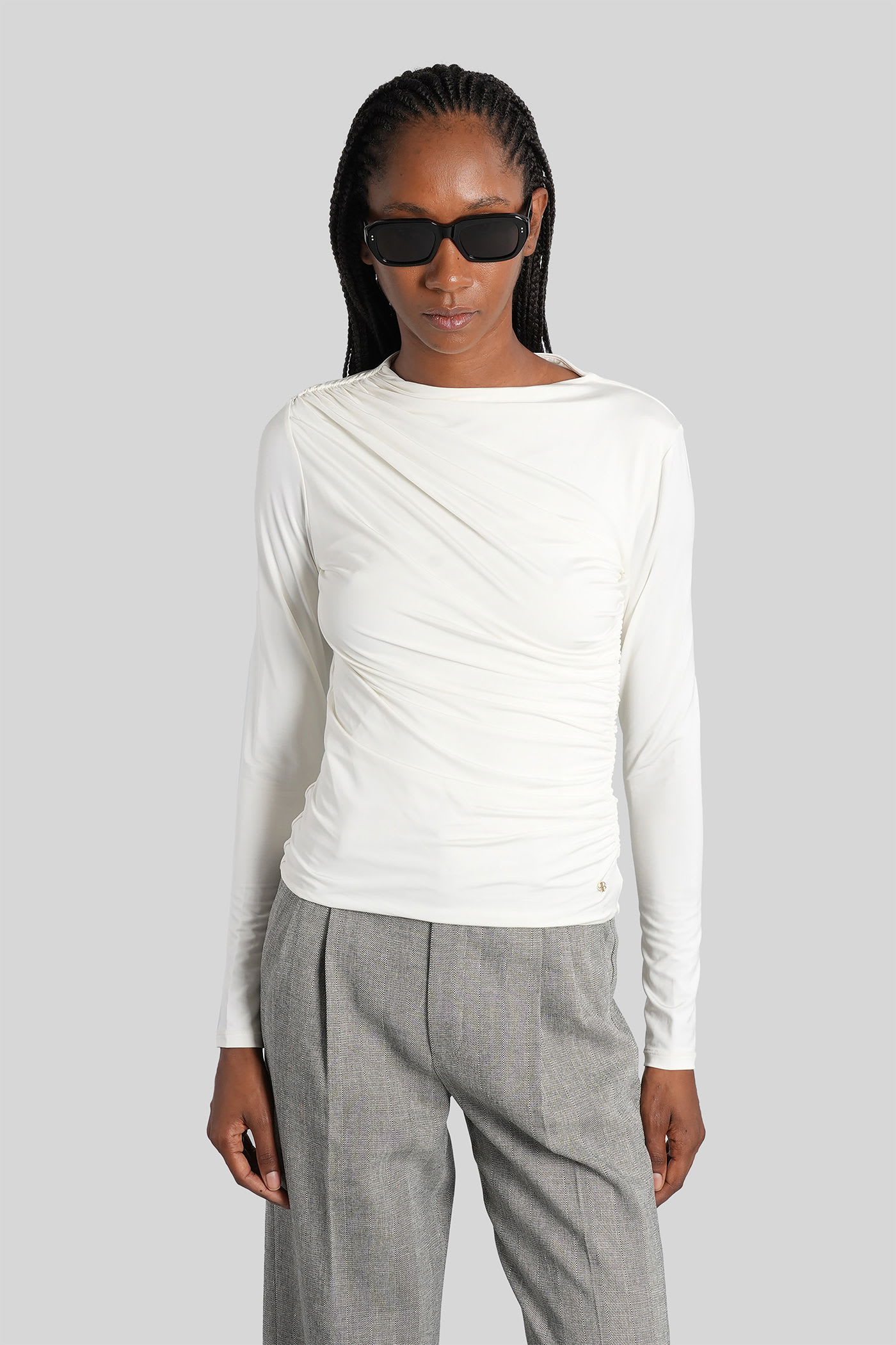 Anine Bing Draped Long Sleeve Stretch Fabric Top In White