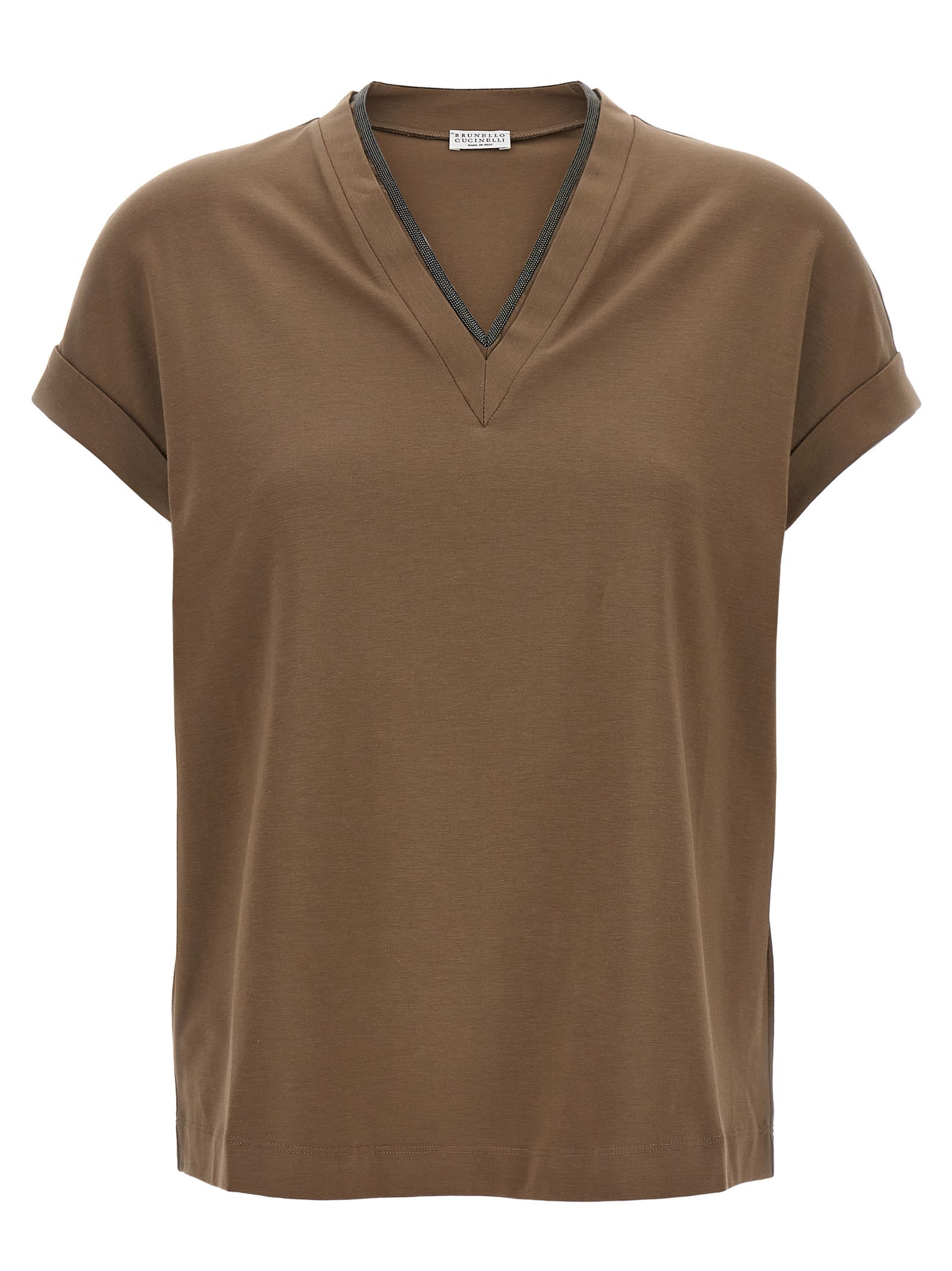 Brunello Cucinelli Rolled Cuffs V-neck Short Sleeve Top In Brown