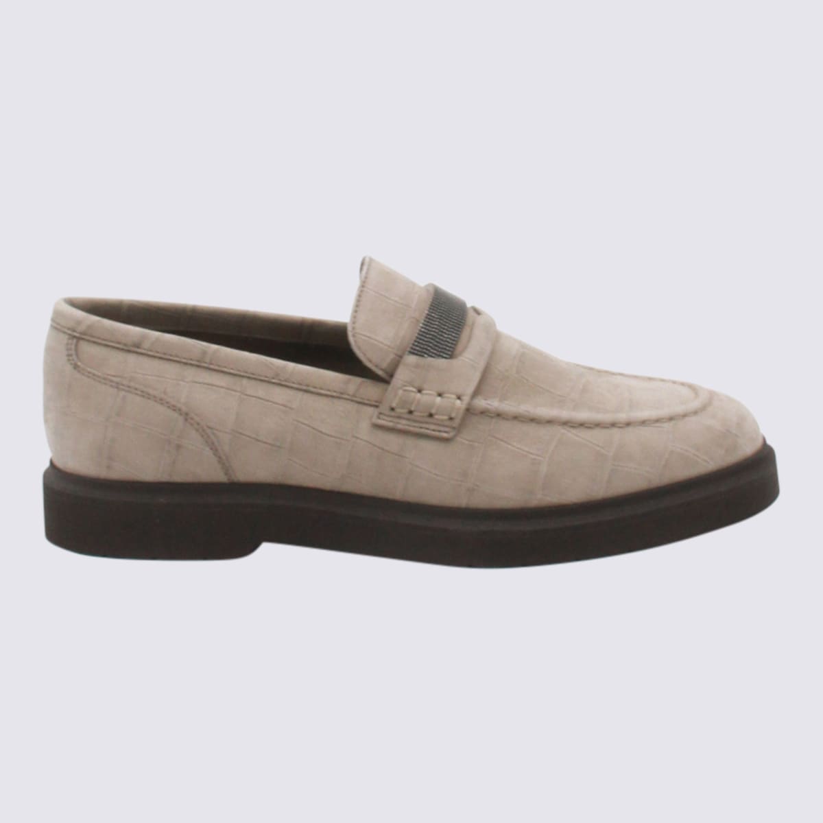 Brunello Cucinelli Crocodile Effect Round Toe Flat Sole Loafers In Neutral