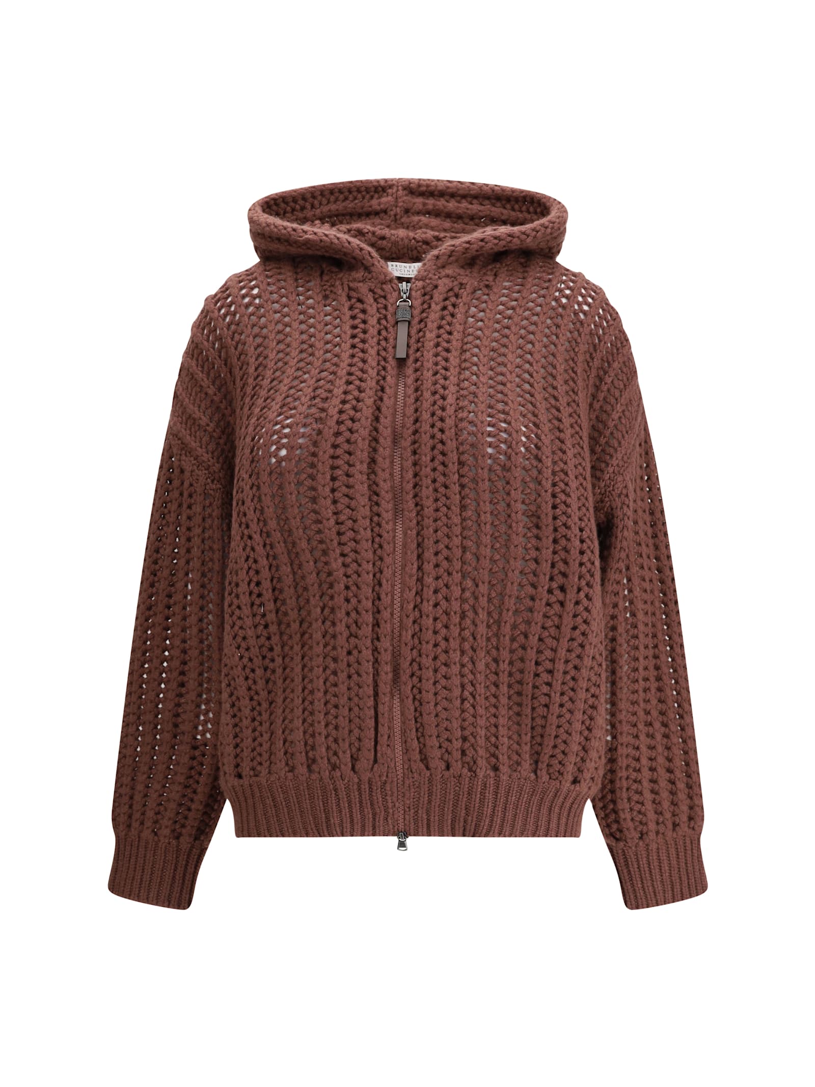 Brunello Cucinelli Women Balloon Net Embroidery Cardigan In Cashmere With A Hood In Brown
