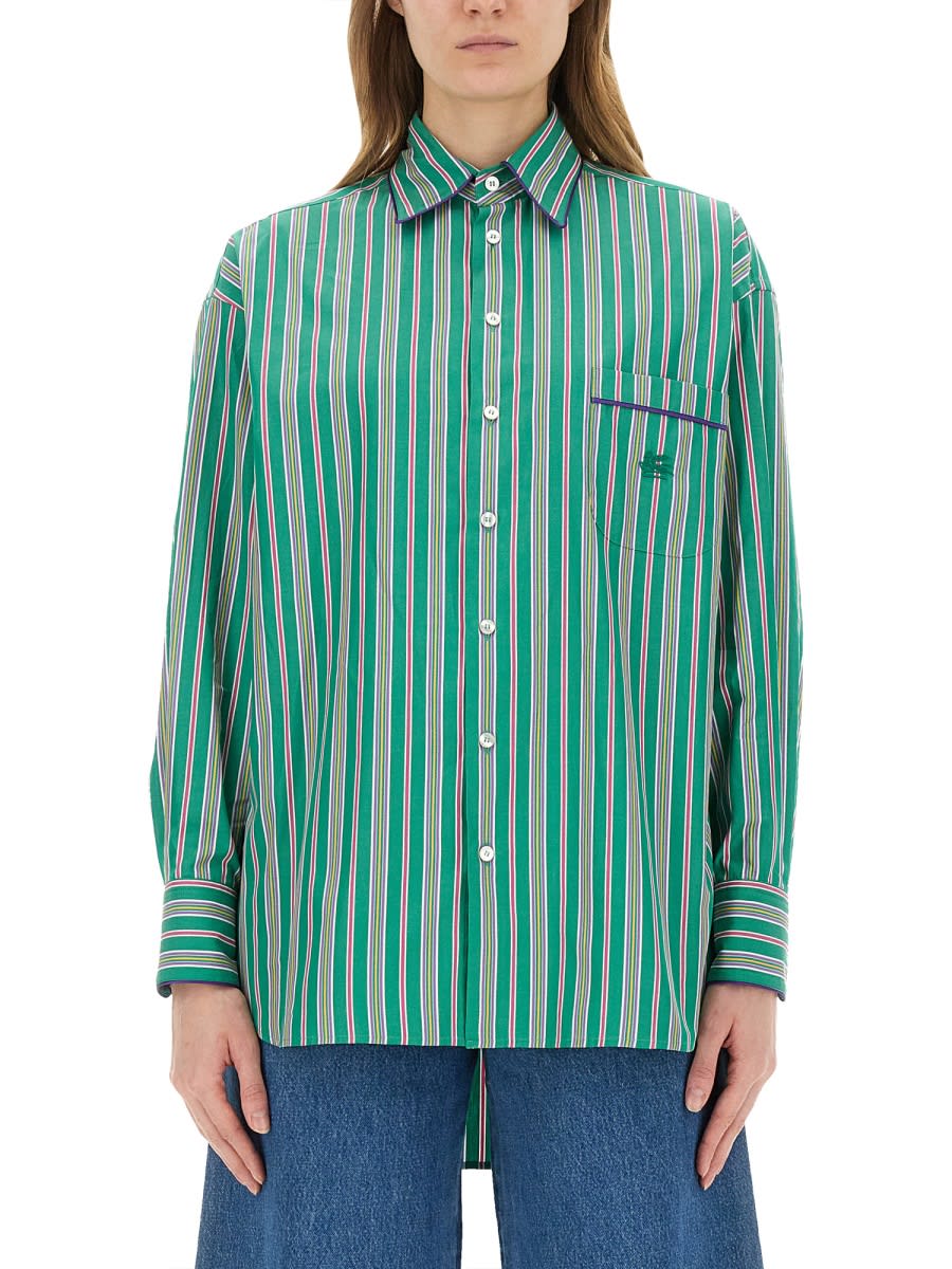 Etro Pocketed Collared Striped Long Sleeve Top In Green