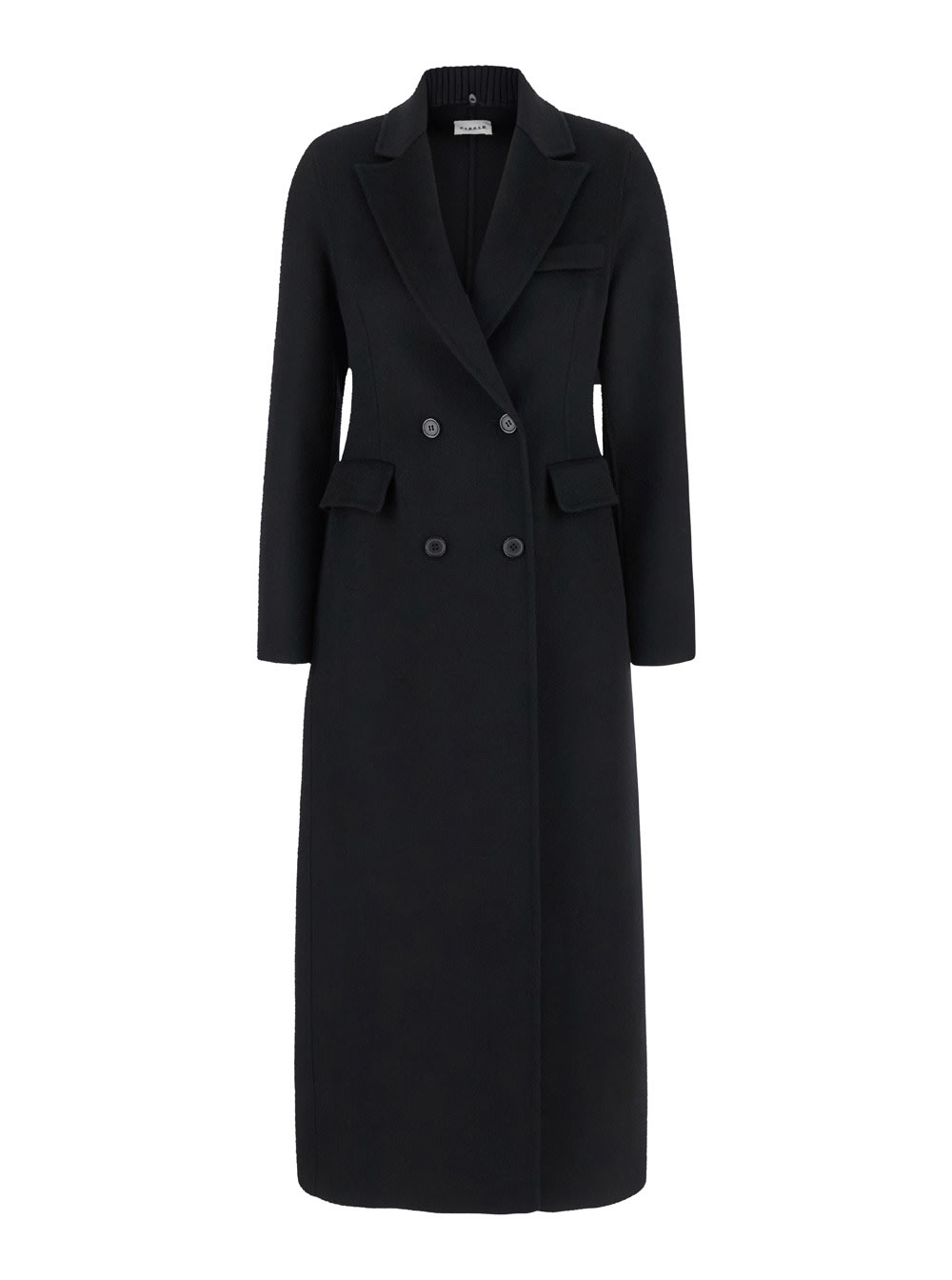 Shop P.a.r.o.s.h Long Black Double-breasted Coat With Ribbed Revers In Wool Woman