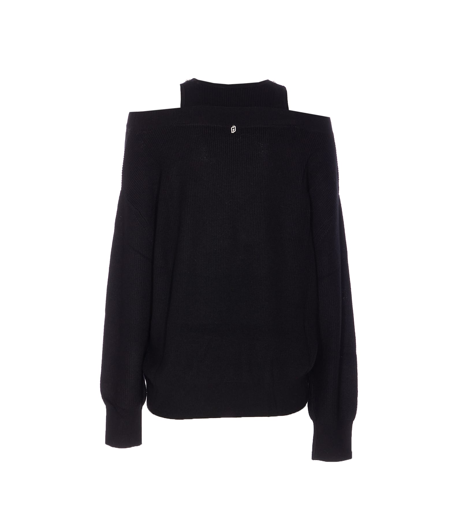 Liu •jo Off-shoulder Black Knit Sweater With Elegant Embellishments In Black