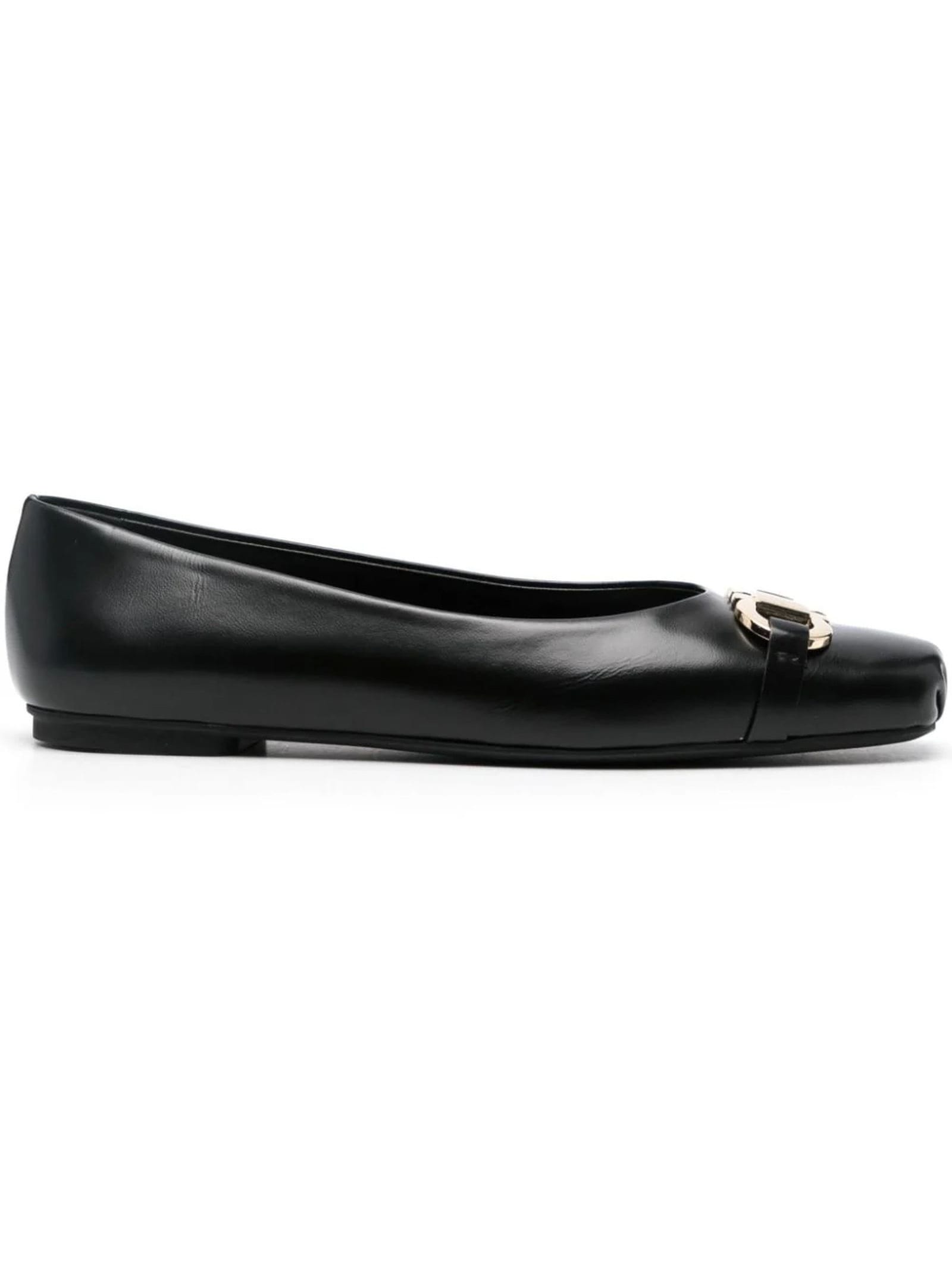 Shop Ferragamo Black Calf Leather Ballet Flats