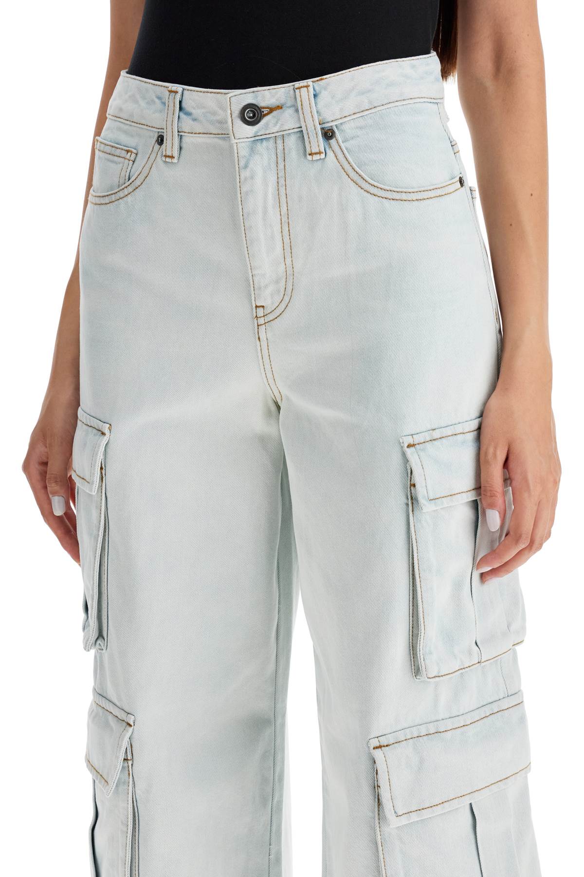 Shop Self-portrait Washed Denim Cargo Jeans In In White (blue)