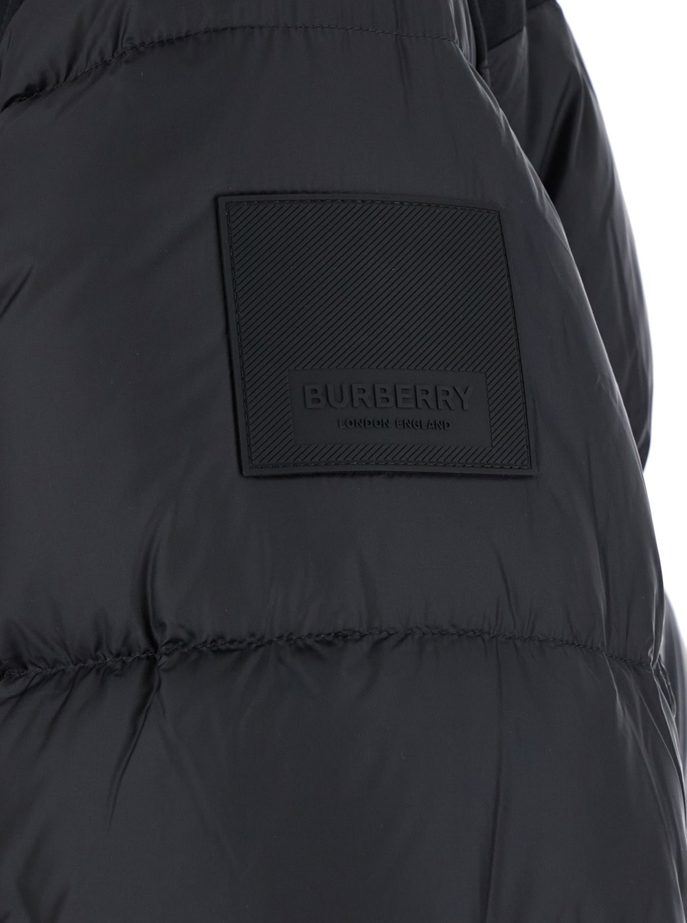 Shop Burberry Black Down Jacket With Hood And Logo Patch On The Sleeve In Tech Fabric Man