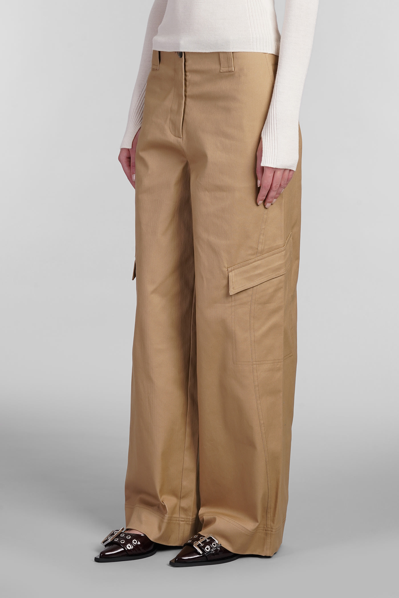 Shop Ganni Pants In Beige Cotton