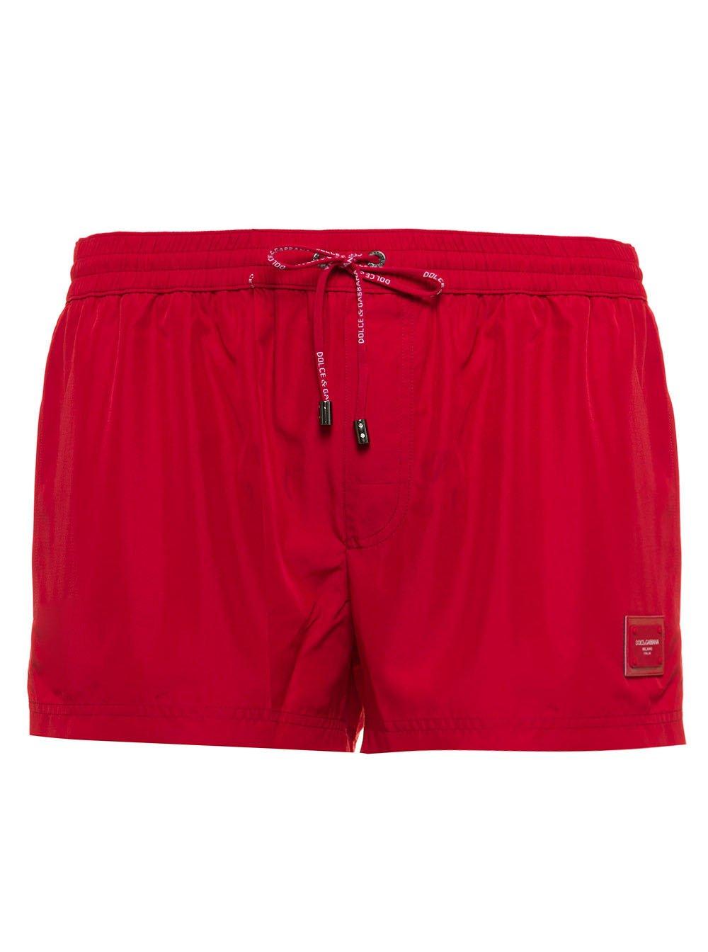 Shop Dolce & Gabbana Logo Detailed Drawstring Swim Shorts In Rosso Brillante