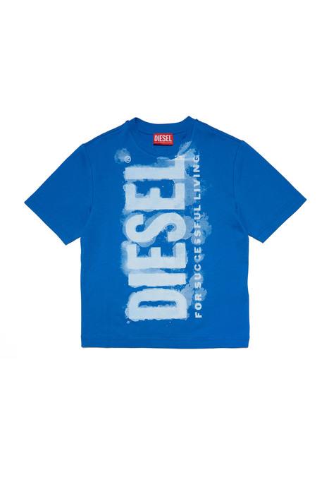Diesel Tjuste16 Over T-shirt  Blue Jersey T-shirt With Watercolor Effect Logo In Princess Blue
