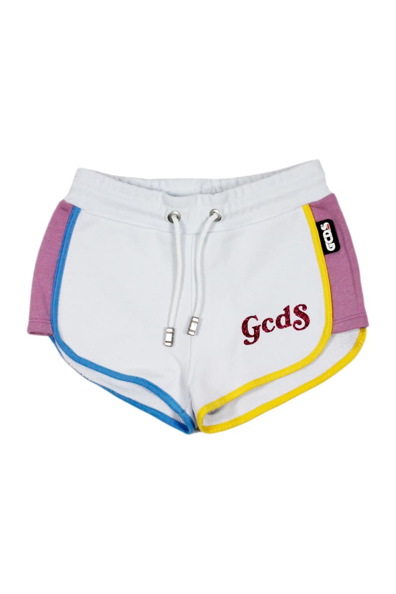 Shop Gcds Cotton Fleece Shorts With Drawstring And Lurex Lettering In White