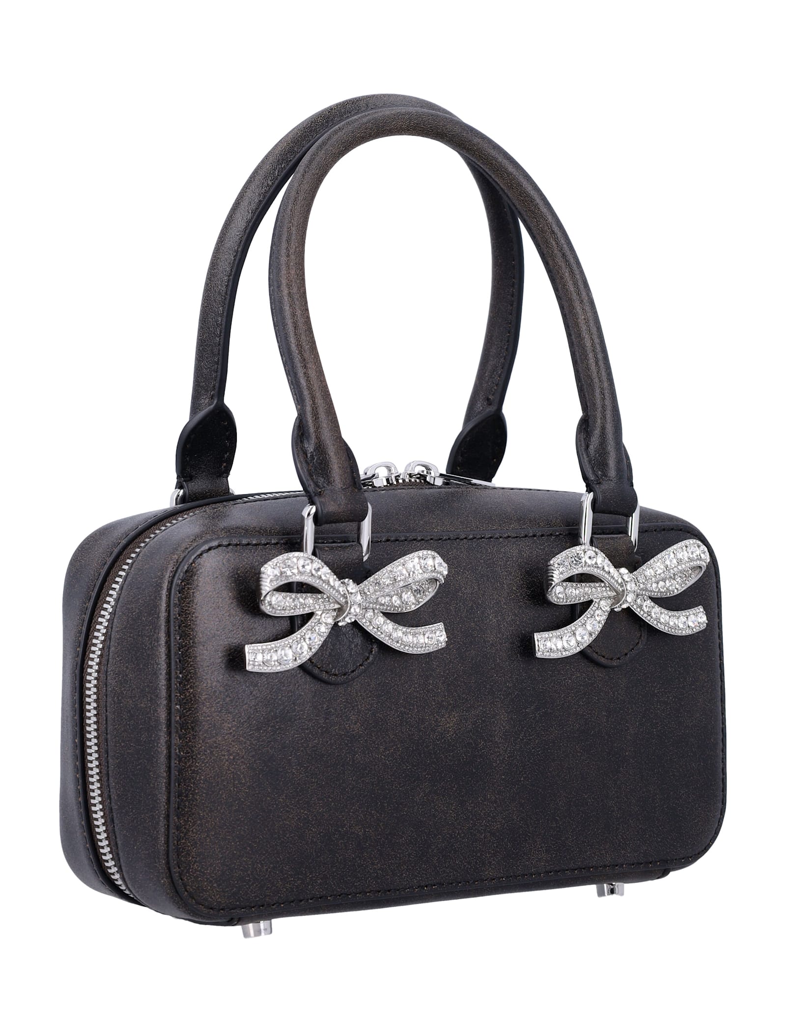 Shop Self-portrait Distressed Leather Mini Tote Bag In Black