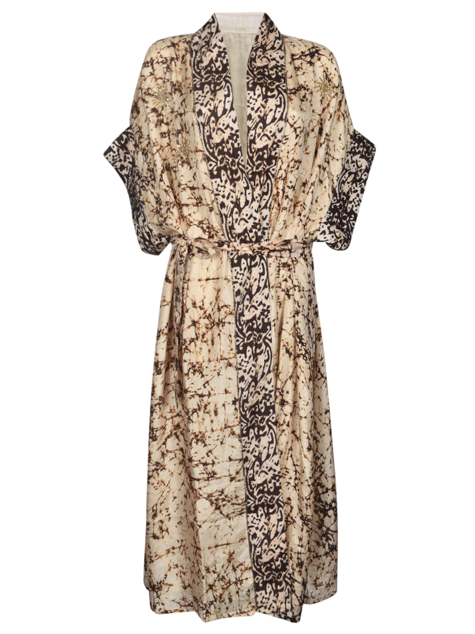 Shop Mes Demoiselles Laced Waist Printed Robe Dress In Cream/brown