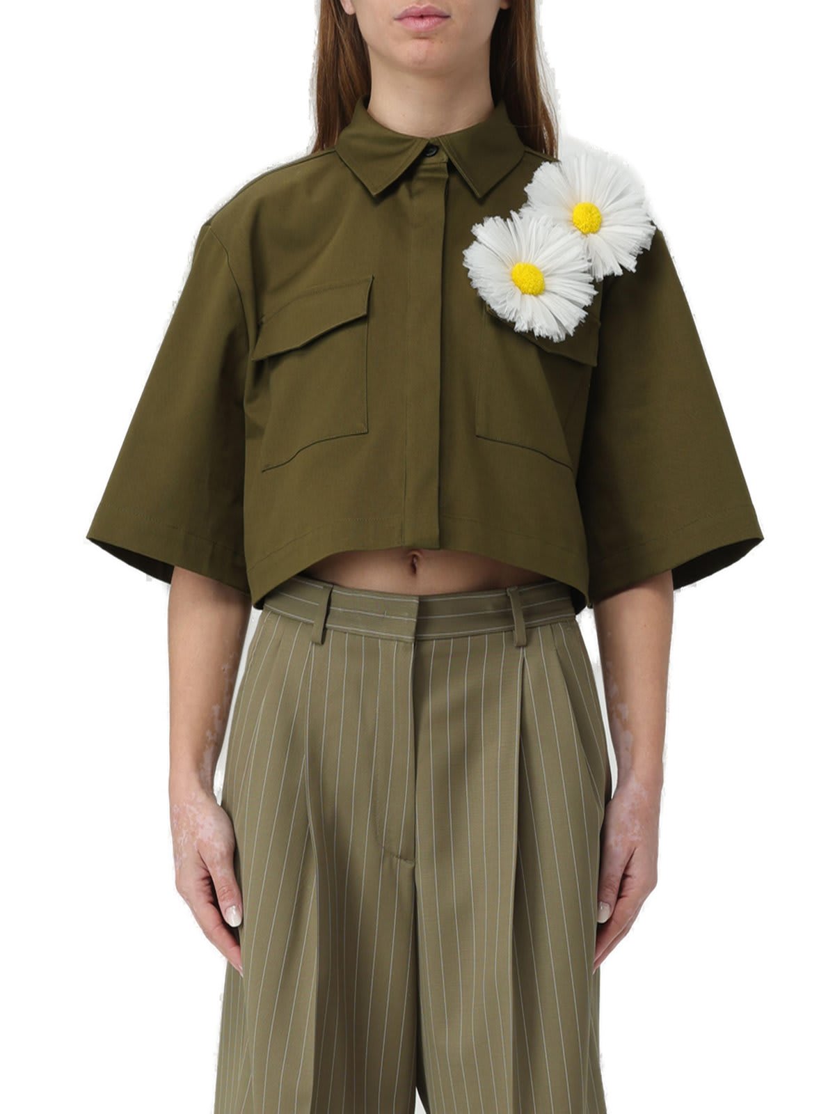 Shop Msgm Floral Patch Cropped Shirt In Military