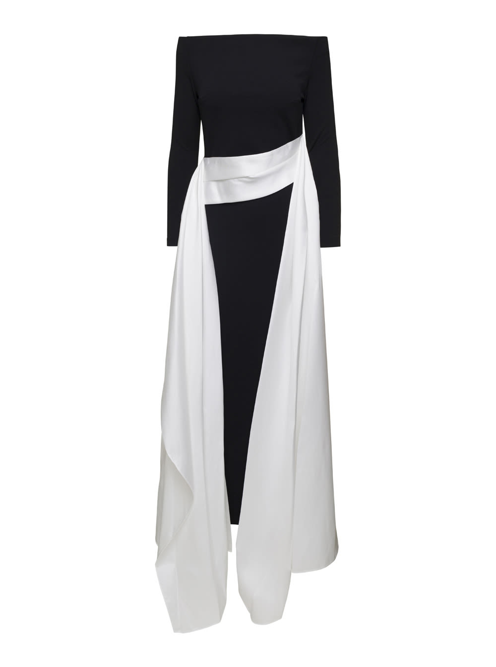 Shop Solace London Black And White Long Dress With Train In Techno Fabric Stretch Woman