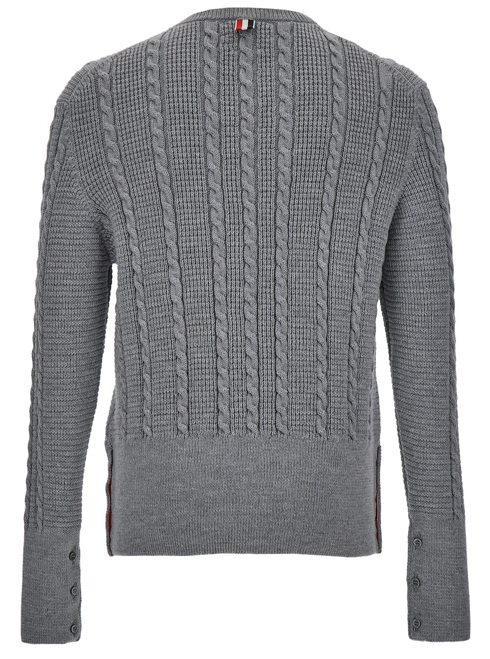 Shop Thom Browne Grey Crewneck Cable Knit Sweater With Rwb Stripe Detail In Wool Man