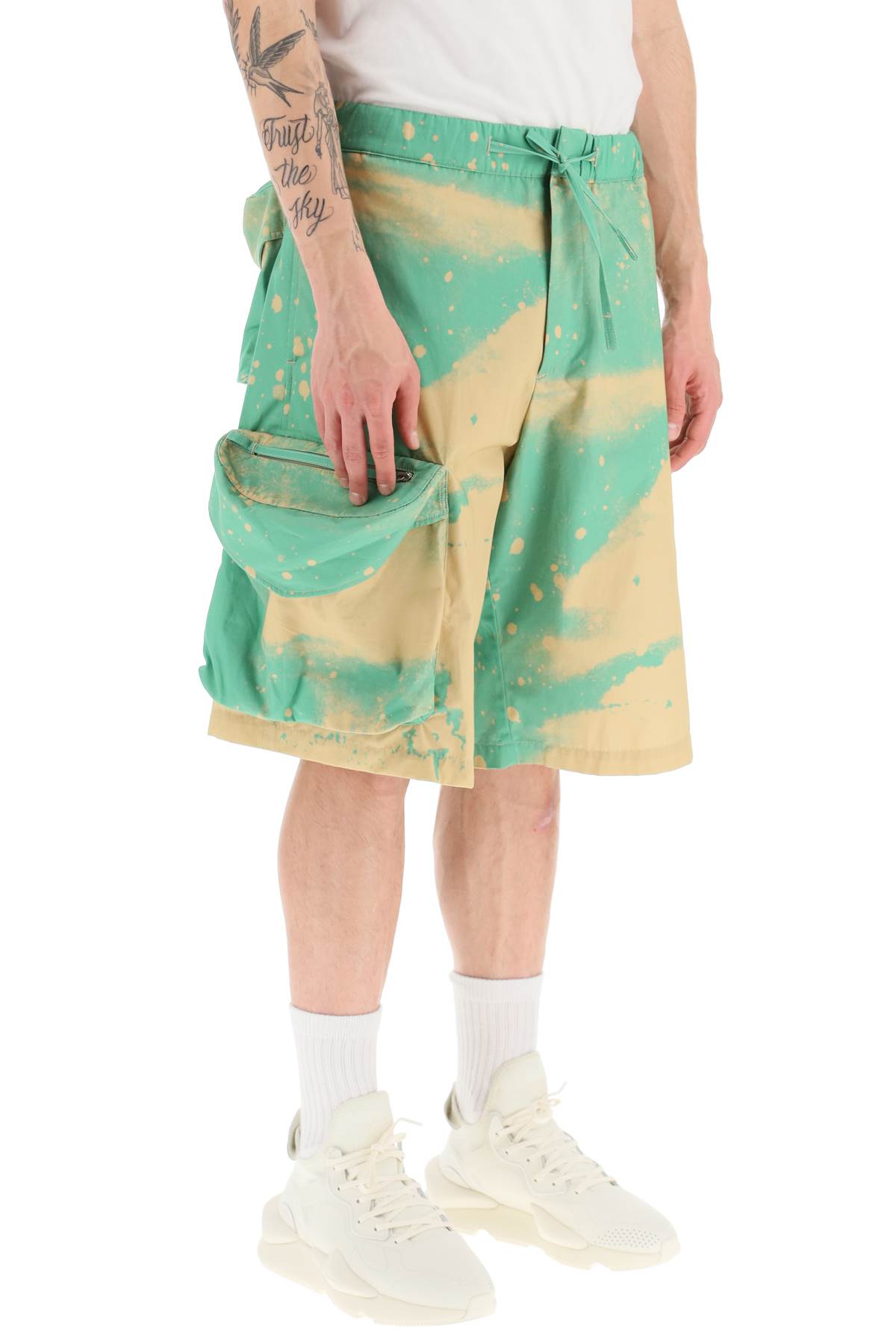 Shop Oamc Smudge Oversized Shorts With Maxi Pockets In Green (green)