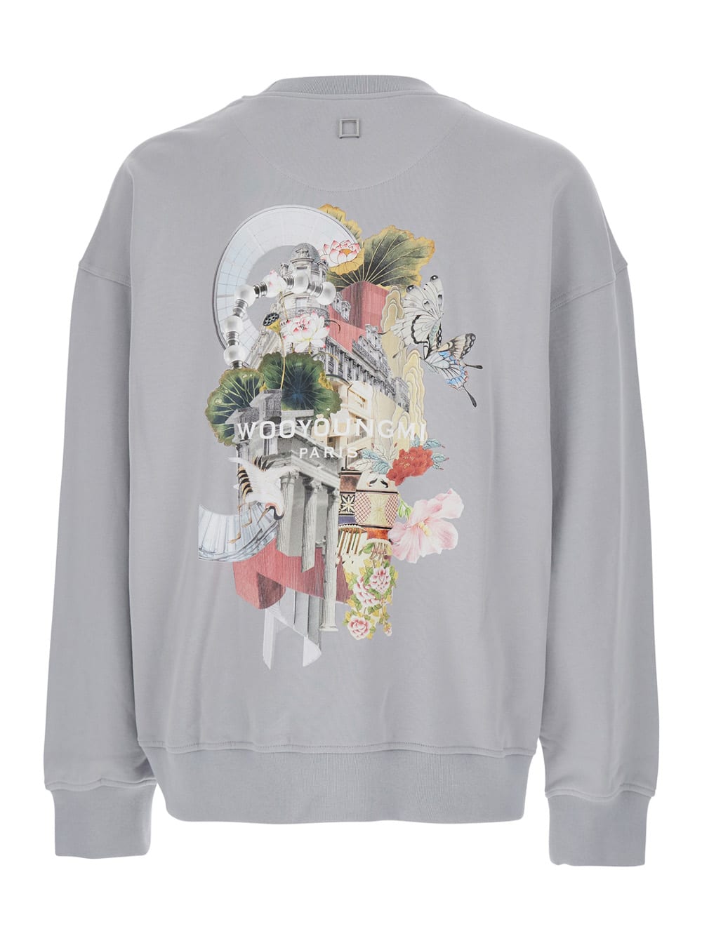 Wooyoungmi Grey Crewneck Sweatshirt With Dropped Shoulders And Floral Motif On The Rear In Cotton Man In Gray