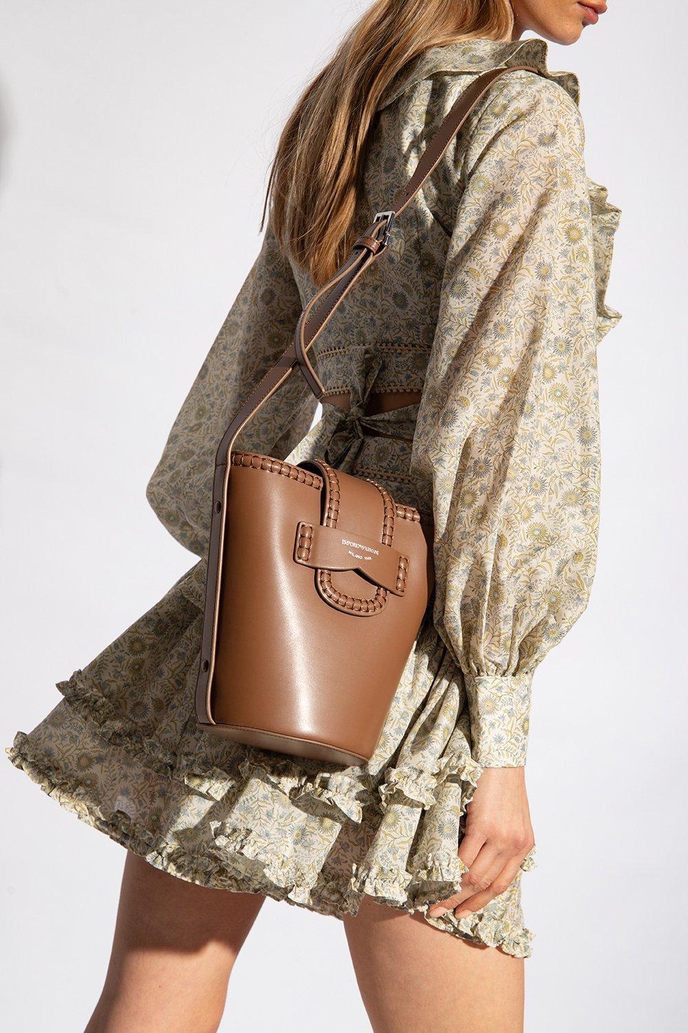 Shop Emporio Armani Shoulder Bag With Logo In Leather Brown