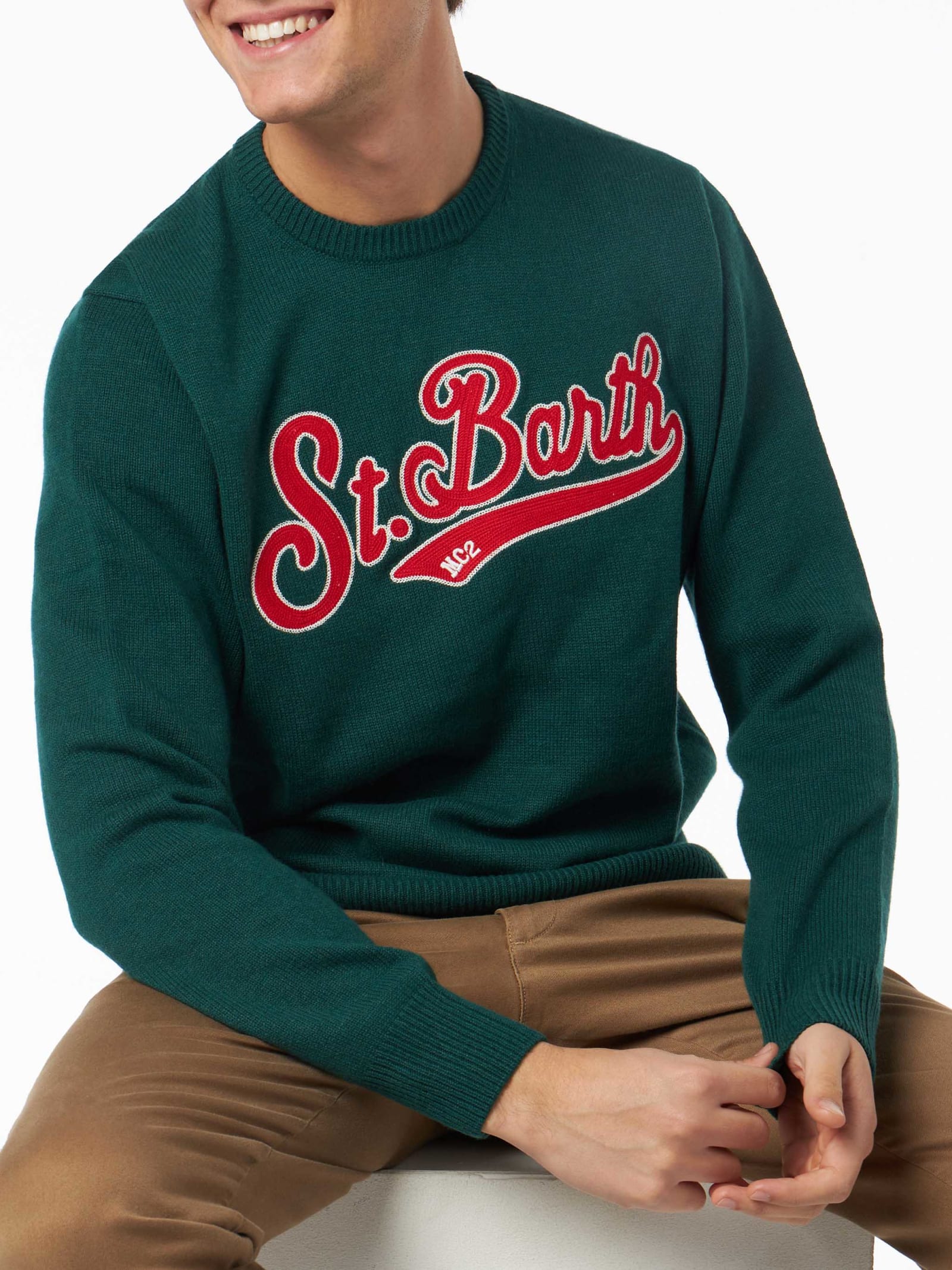 Mc2 Saint Barth Man Crewneck Green Sweater With St. Barth Embroidery In Green