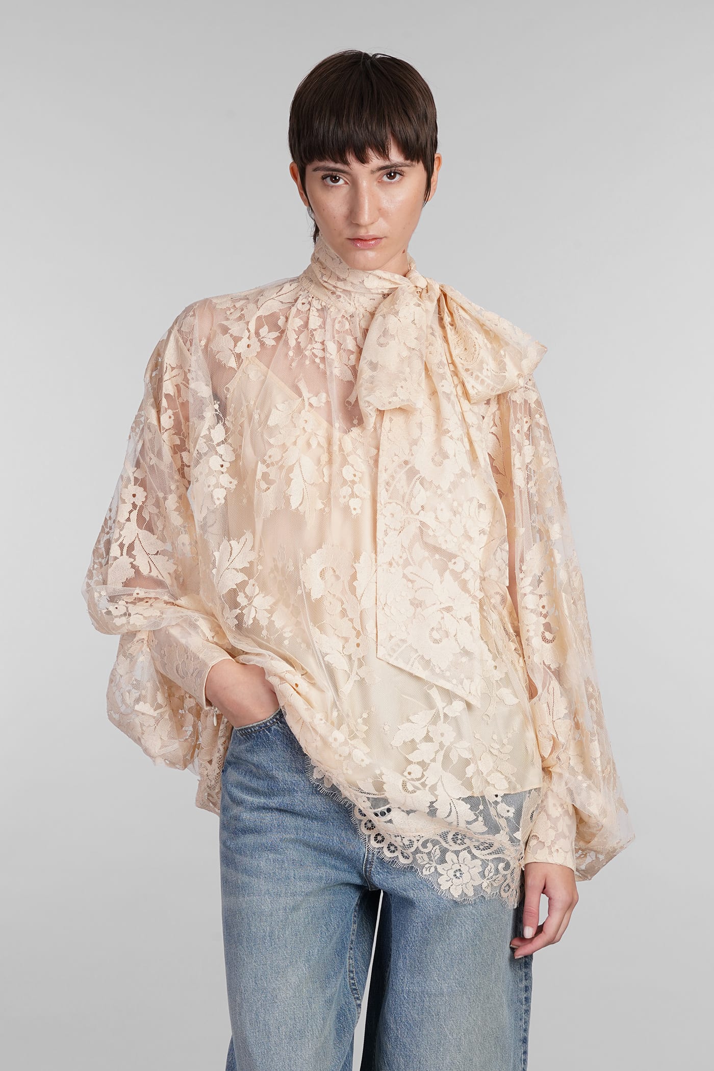 Zimmermann Illustration Pussy-bow Scalloped Cotton-blend Lace Blouse In Beige