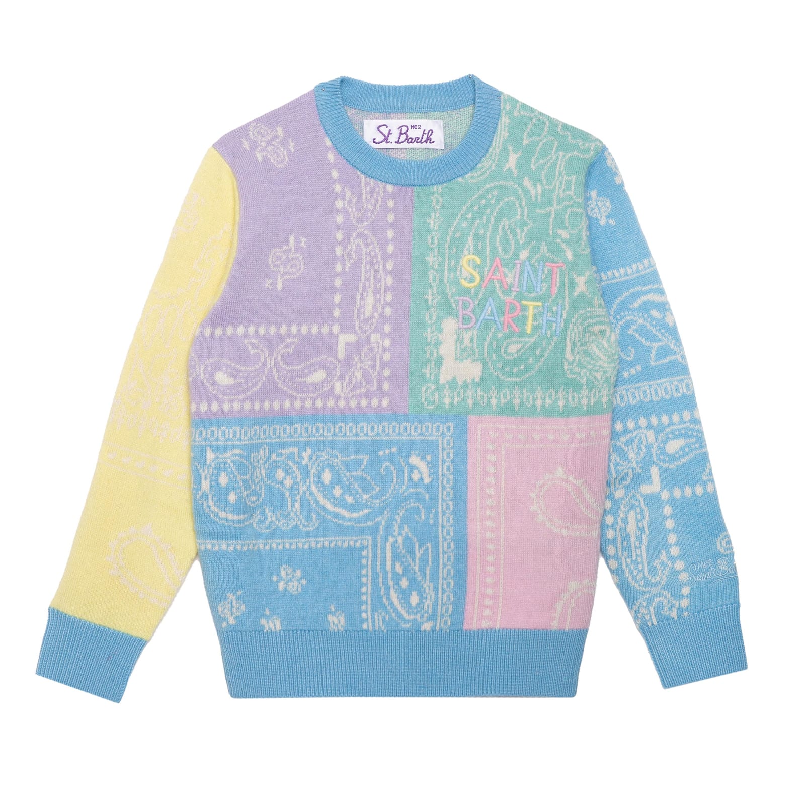 Mc2 Saint Barth Kids' Girl Bandanna Print Brushed Sweater In Multicolor