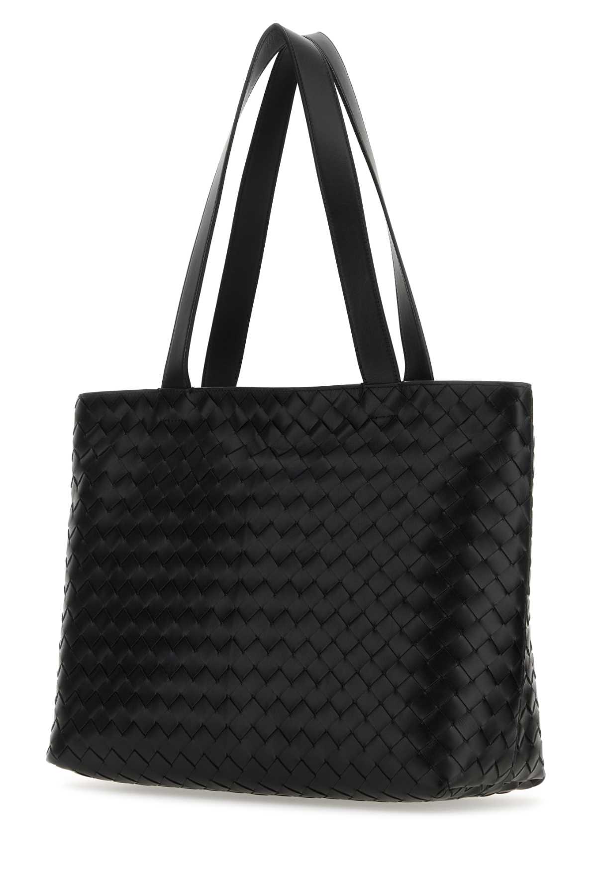 Shop Bottega Veneta Black Leather Small Intrecciato Shopping Bag In Blacksilver