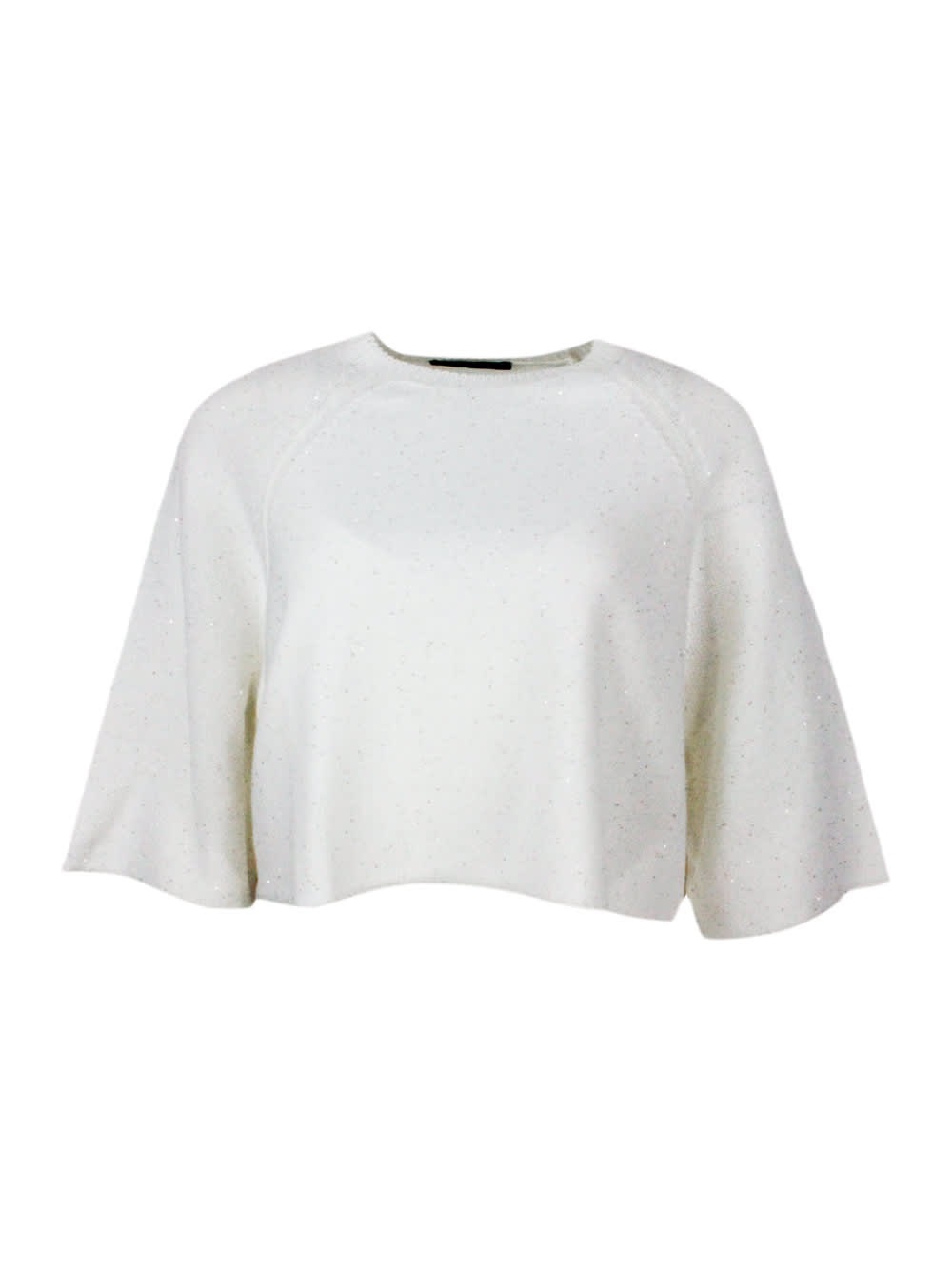 Shop Fabiana Filippi Cape, Crew-neck And Half-sleeved Sweater In Cotton And Linen In Bianco